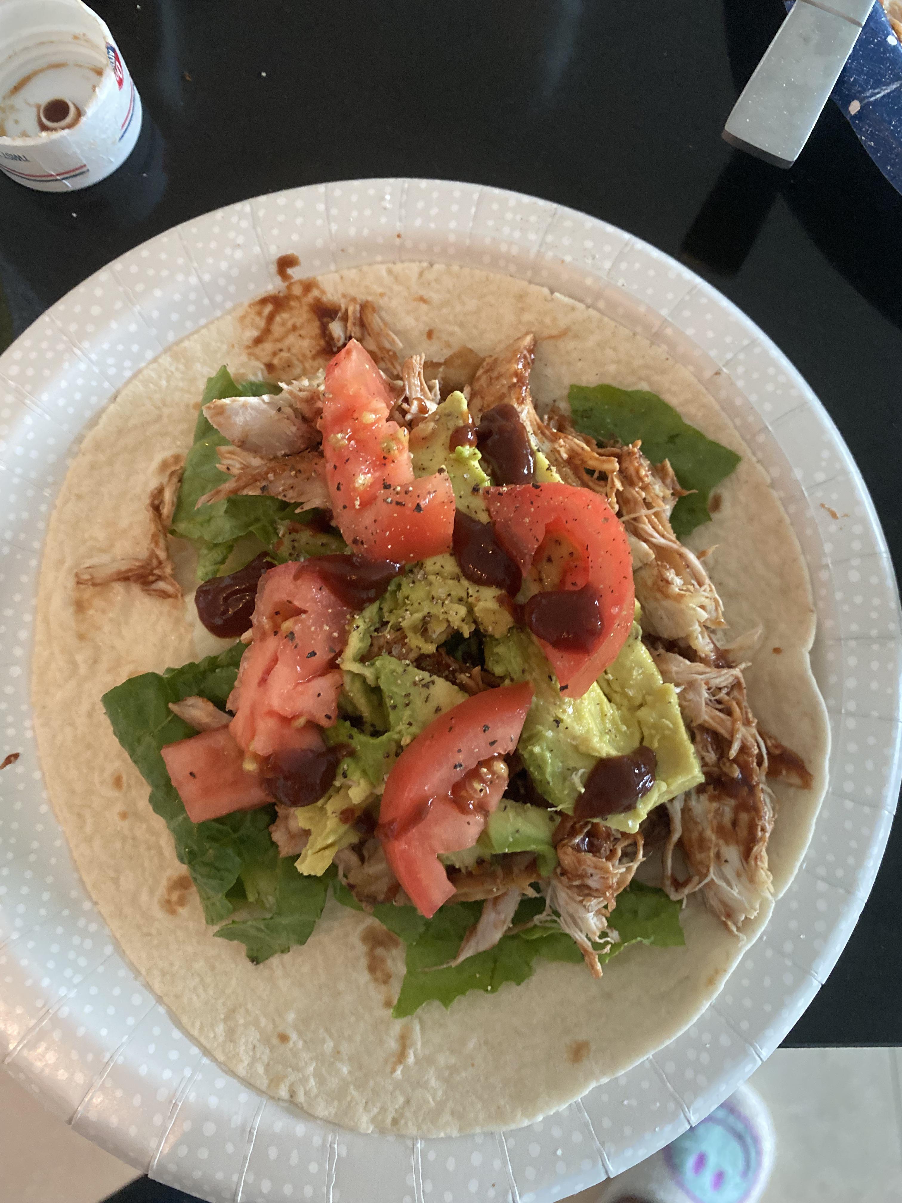 Carb balance tortilla with rotisserie chicken tossed in sugar free bbq