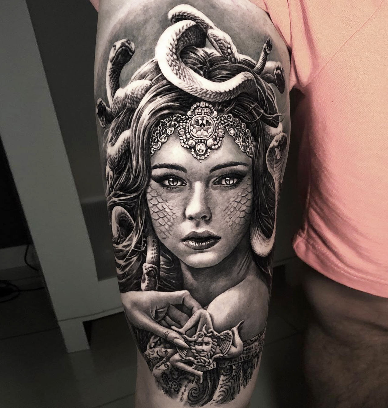 Medusa, black and grey tattoo work by Italian tattoo artist © Eduardo
