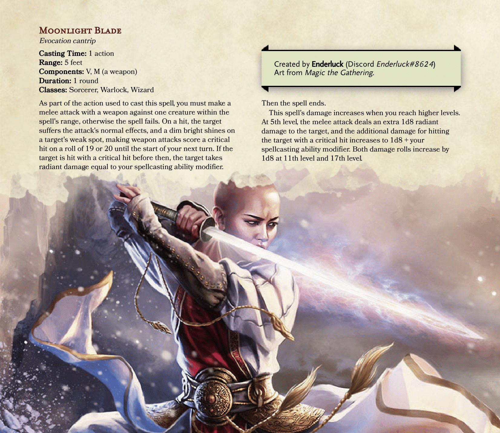 New Cantrip Moonlight Blade Spells Collection DnDHomebrew