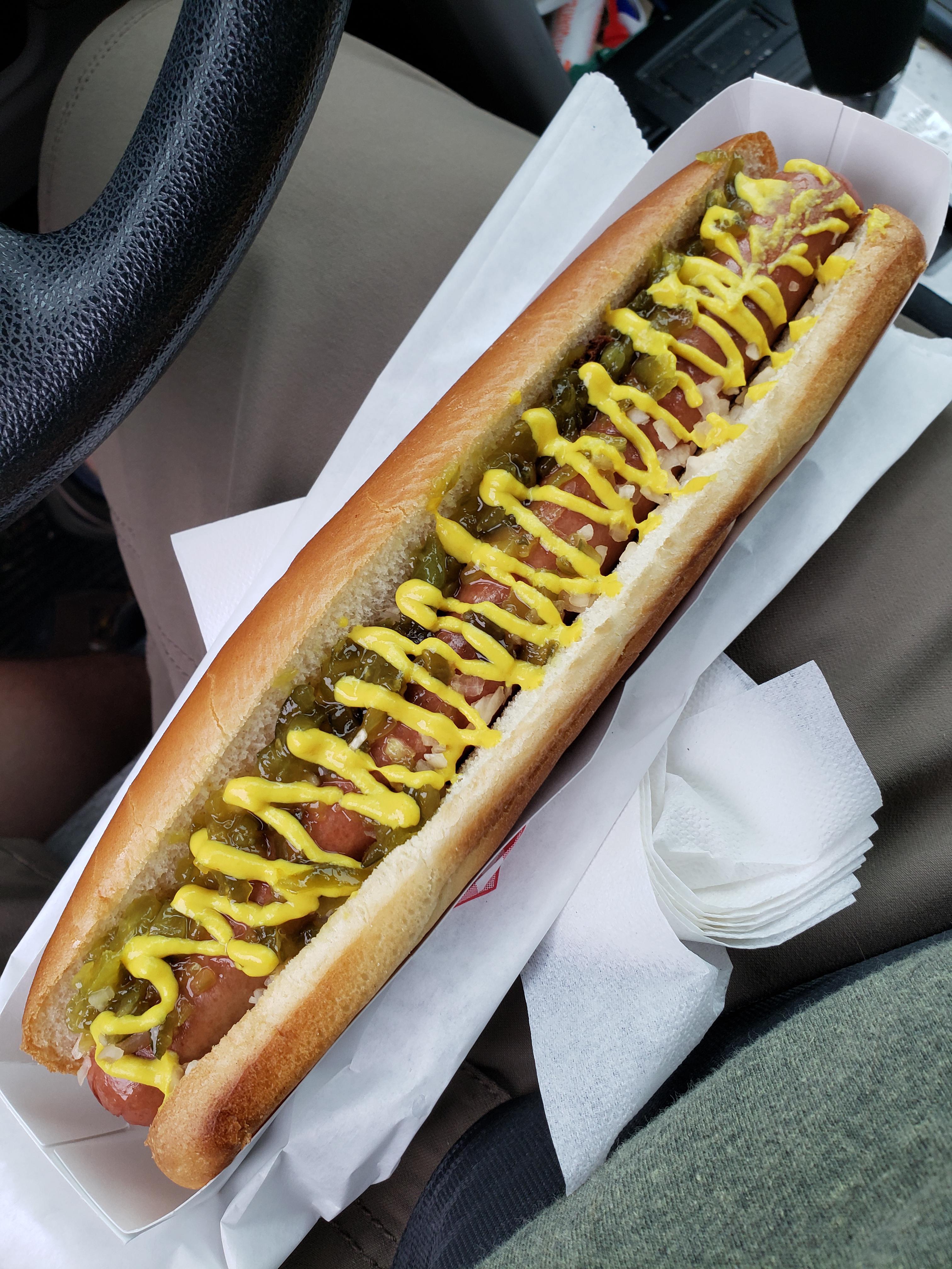 Footlong with onion, relish, and mustard. r/hotdogs