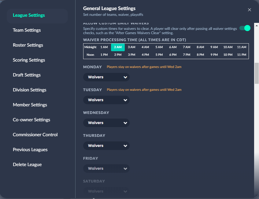 Sleeper App. Trying to set my league up for waivers only, with clear