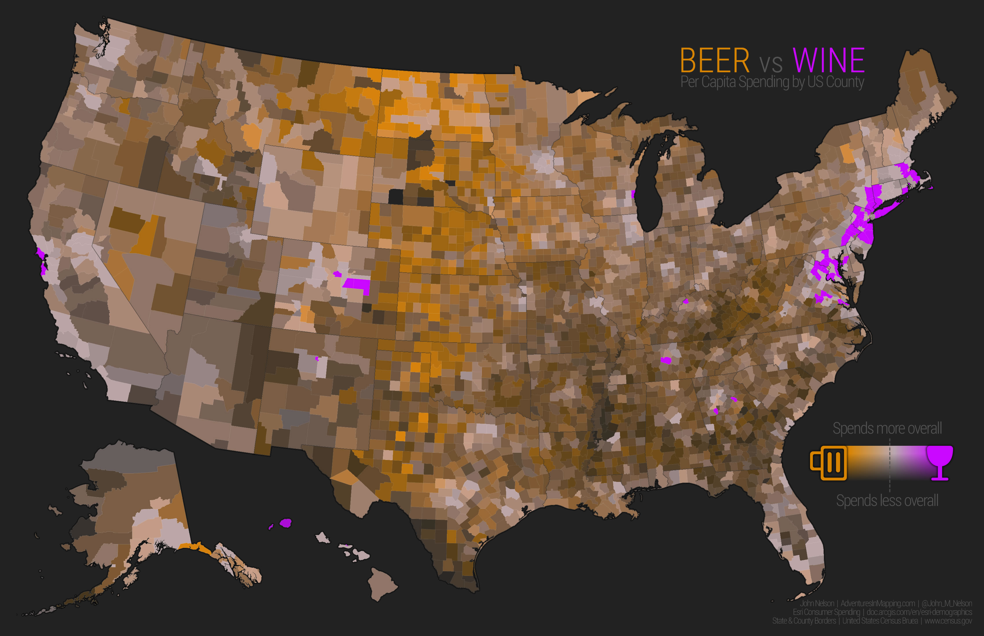 beer vs. wine preference in the US, by John Nelson r/MapPorn