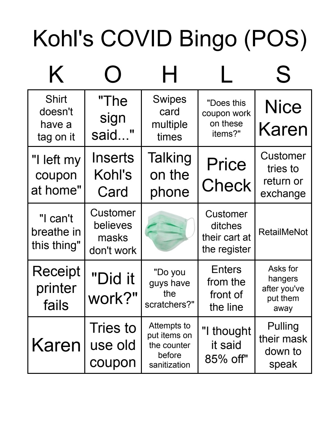 Kohl's Bingo for POS Round 2. Feel free to print. r/employedbykohls