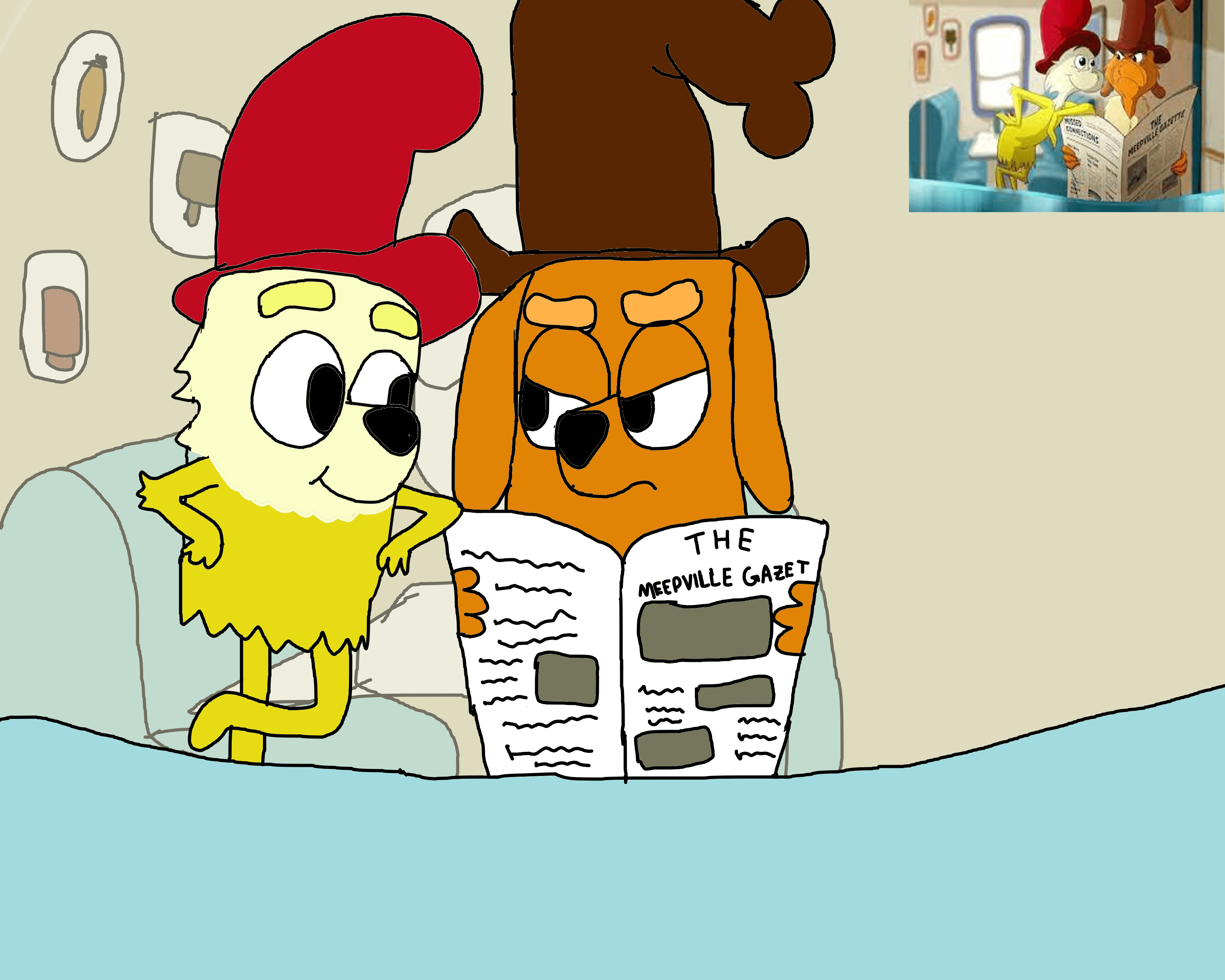 Sam I Am and Guy Am I from Green Eggs and Ham in bluey style