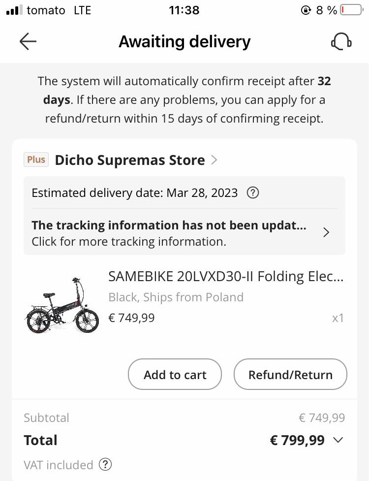 I ordered 800€ ebike, they shipped it Yesterday. Today I find the same