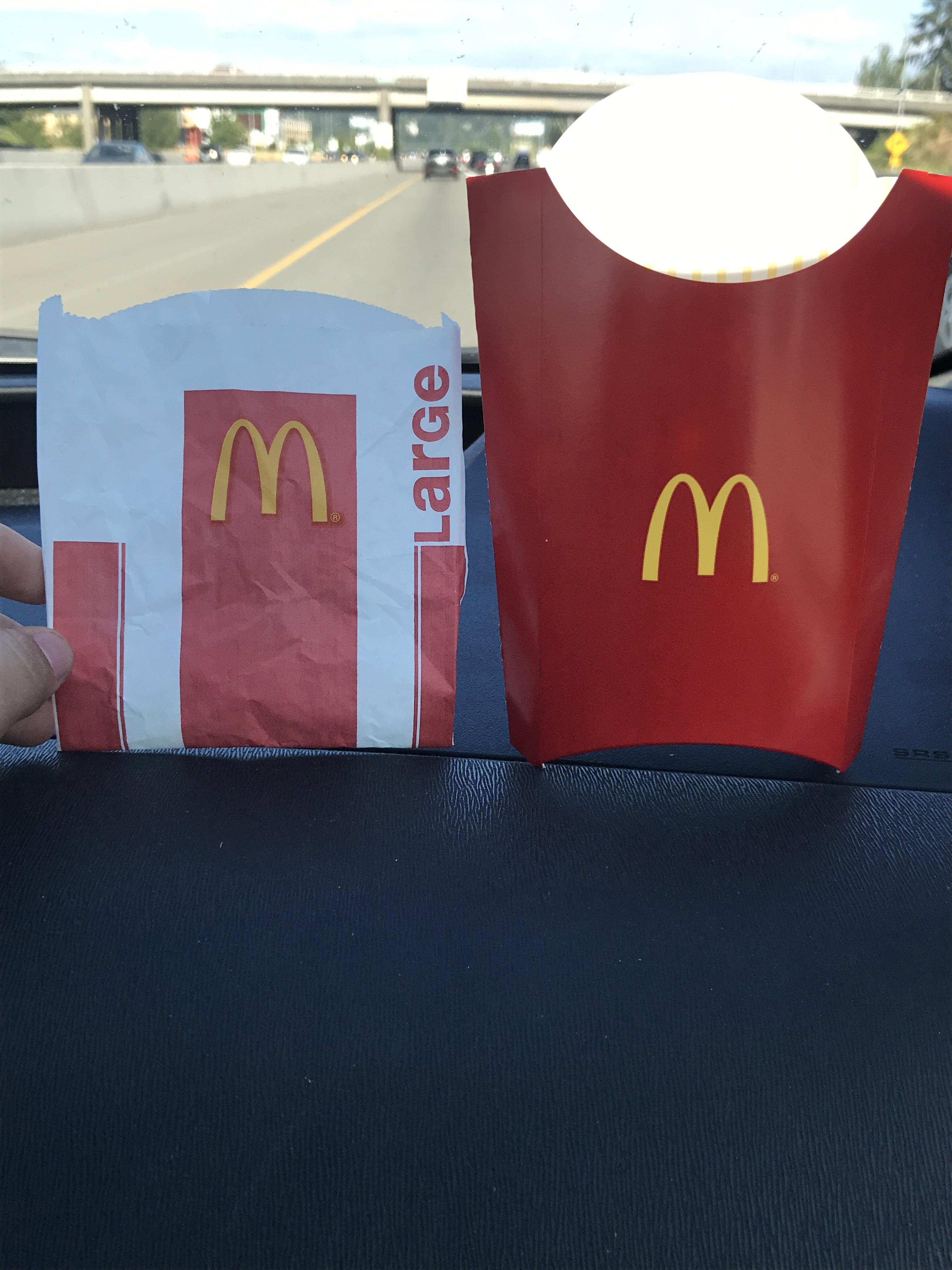 McDonald's "same size" Large Fries at different locations. Both were