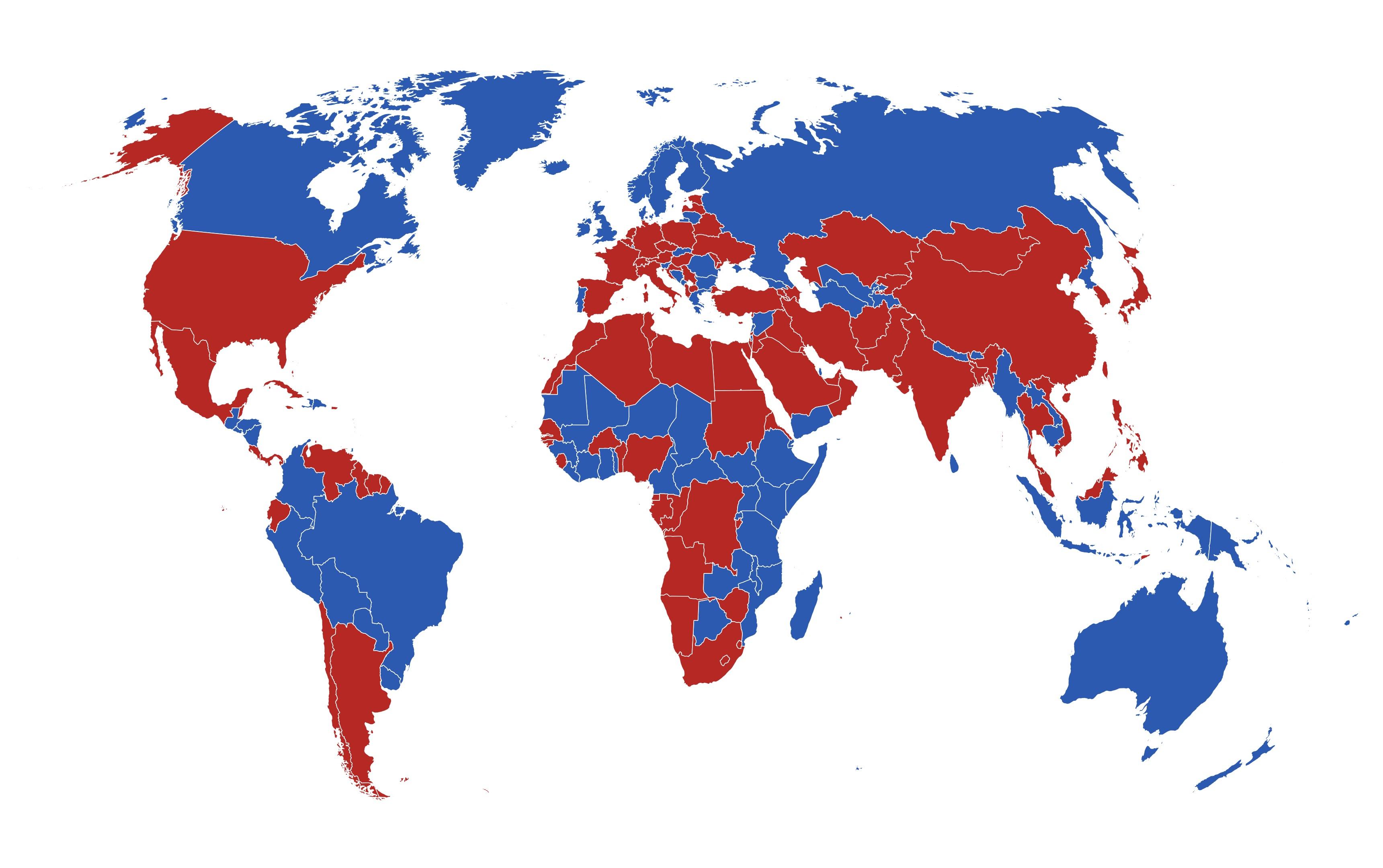 Countries where the capital is located in the North(Red) or South(Blue