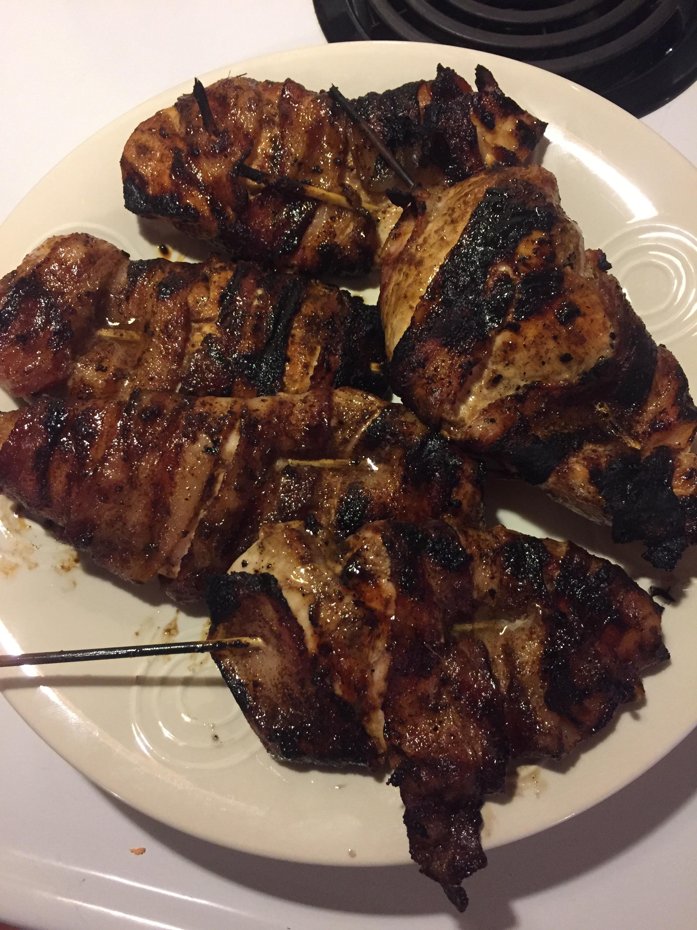 I wish the lighting was better, but this was chicken wrapped with bacon