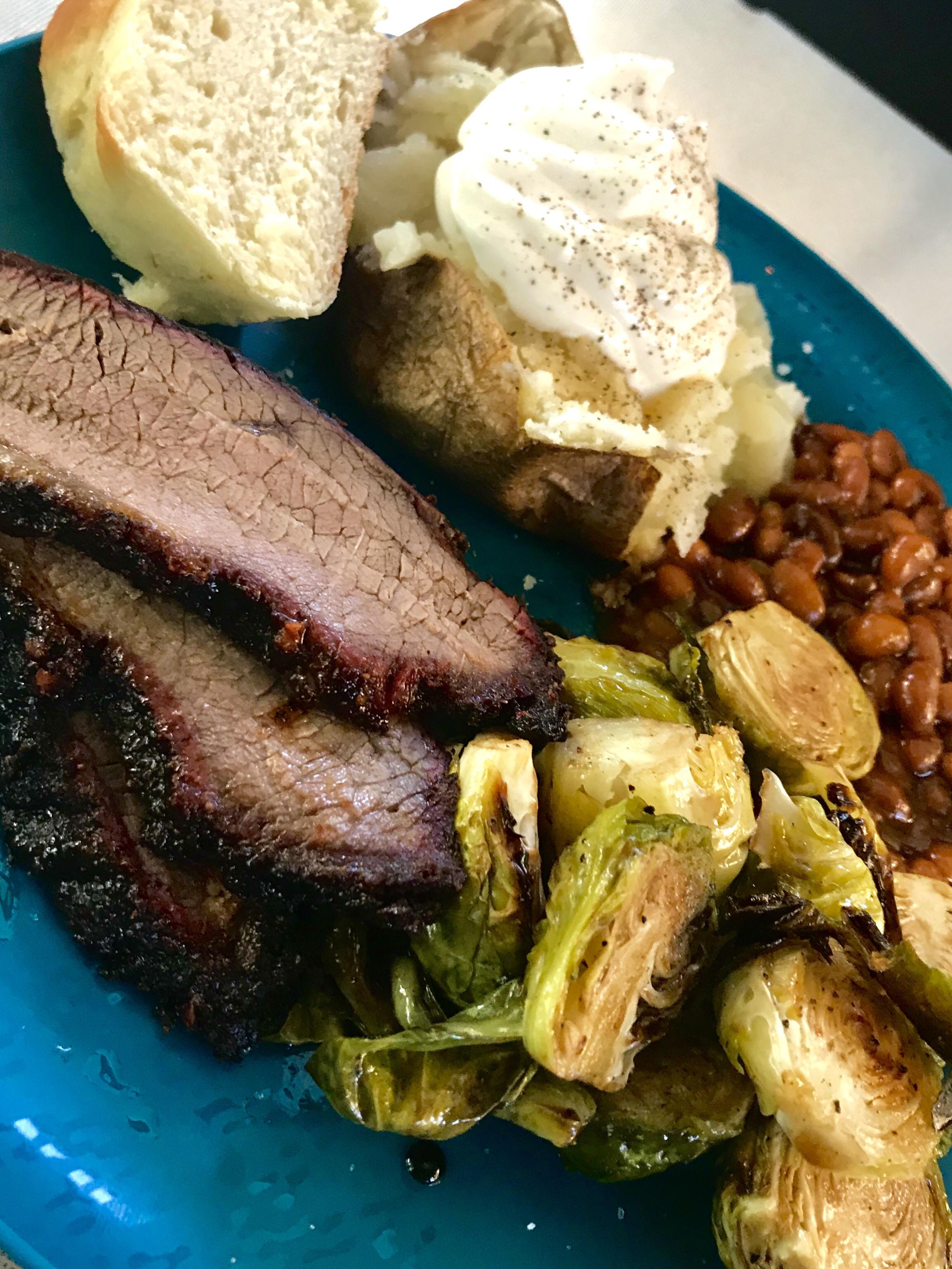 Smoked brisket, smoked baked beans, smoked potatoes, roasted balsamic