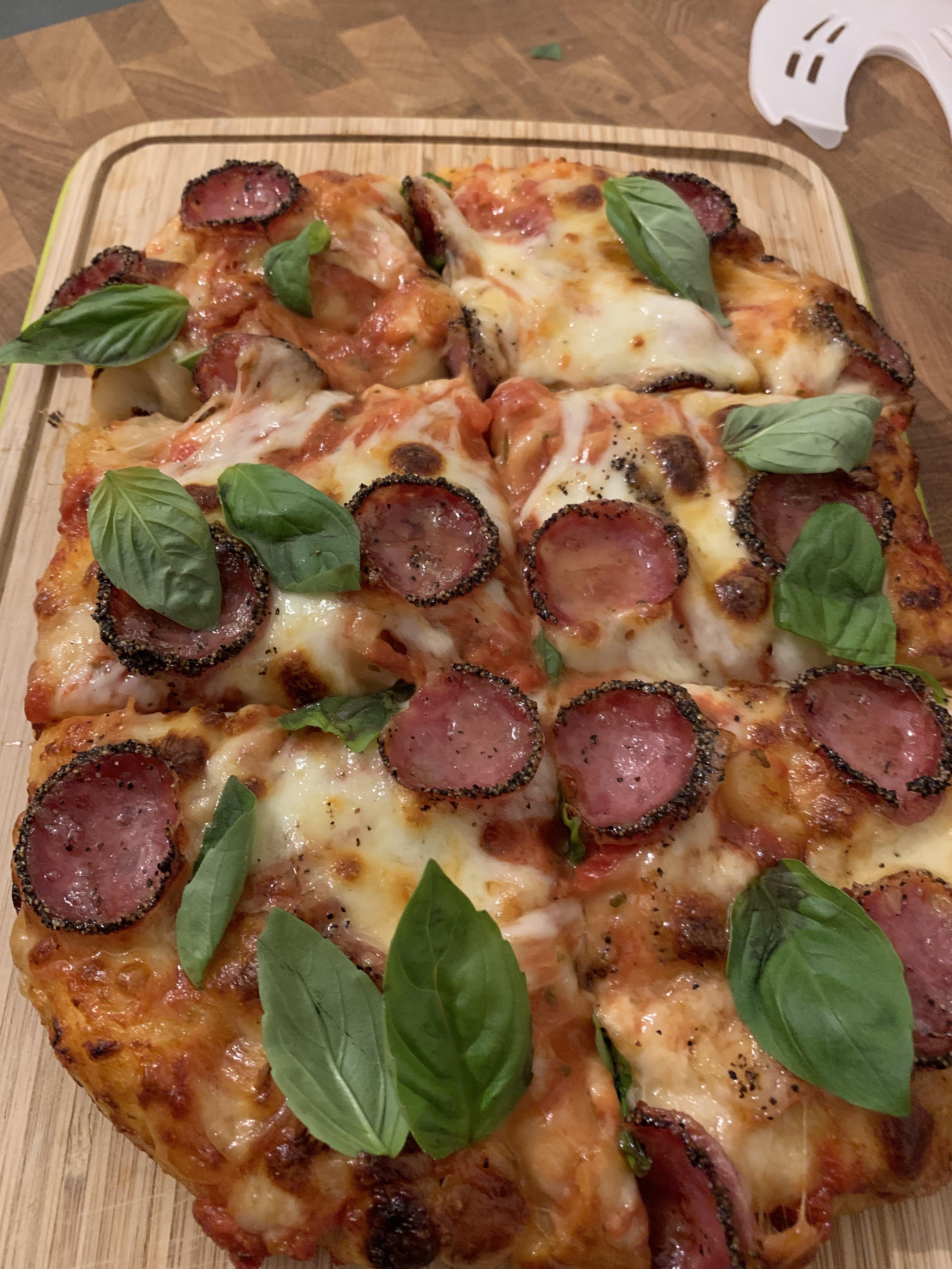 Adam Ragusea recipe, topped with Swiss pepper pepperoni r/Pizza