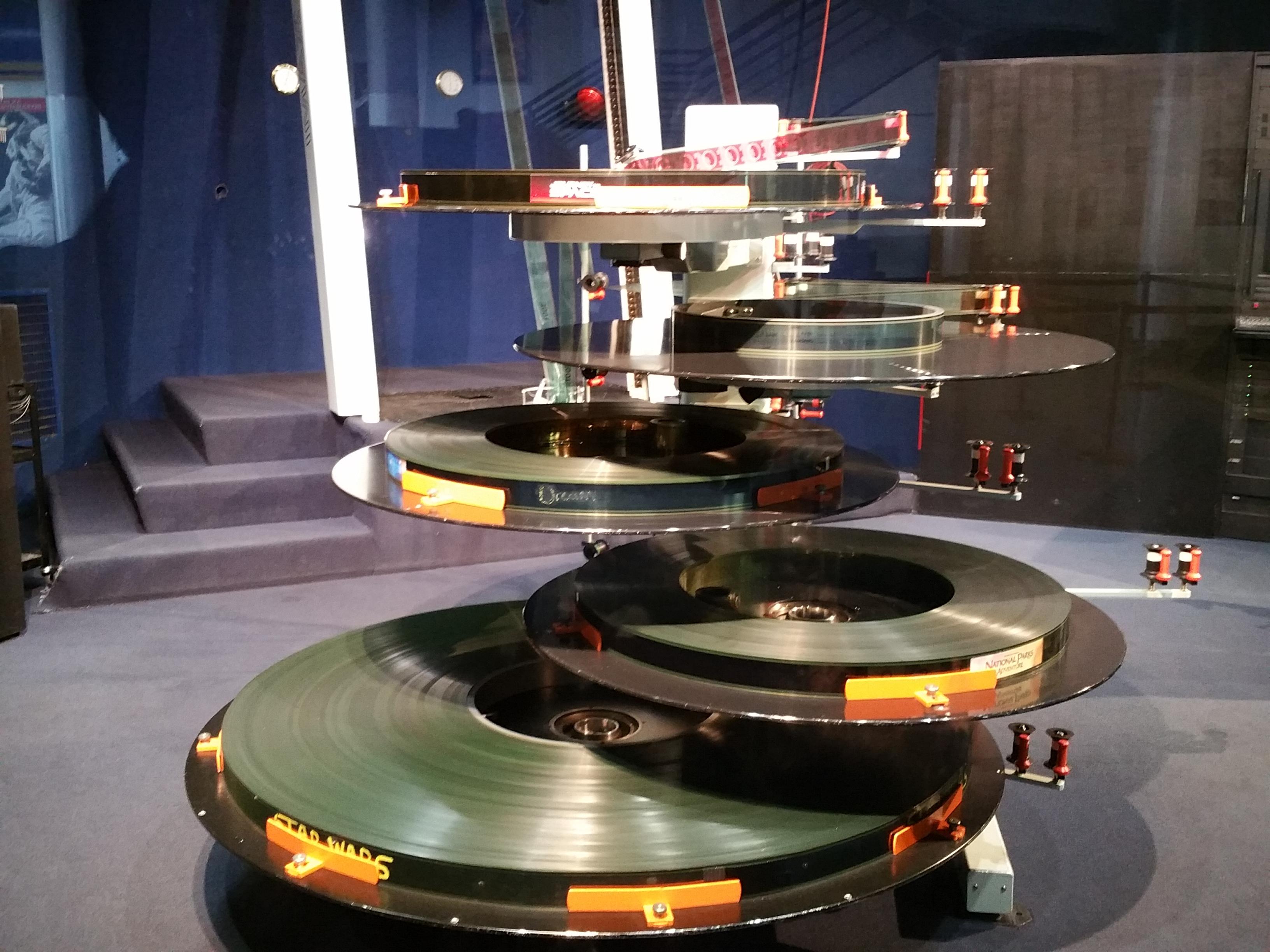 The horizontal platters holding 70mm IMAX film that feed the projector