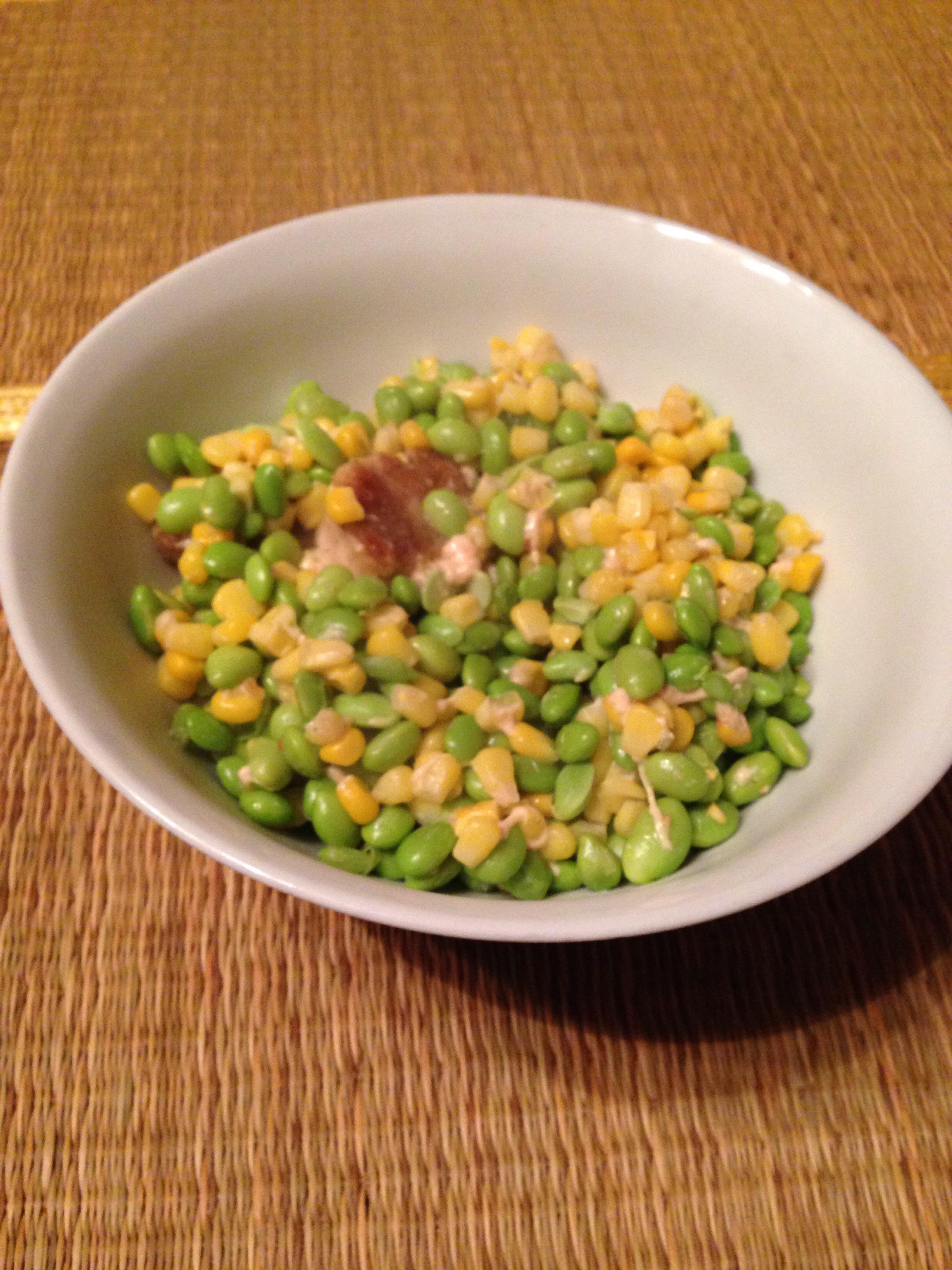 Freezer burnt edamame and corn, freezer burnt Gardein porkless bites