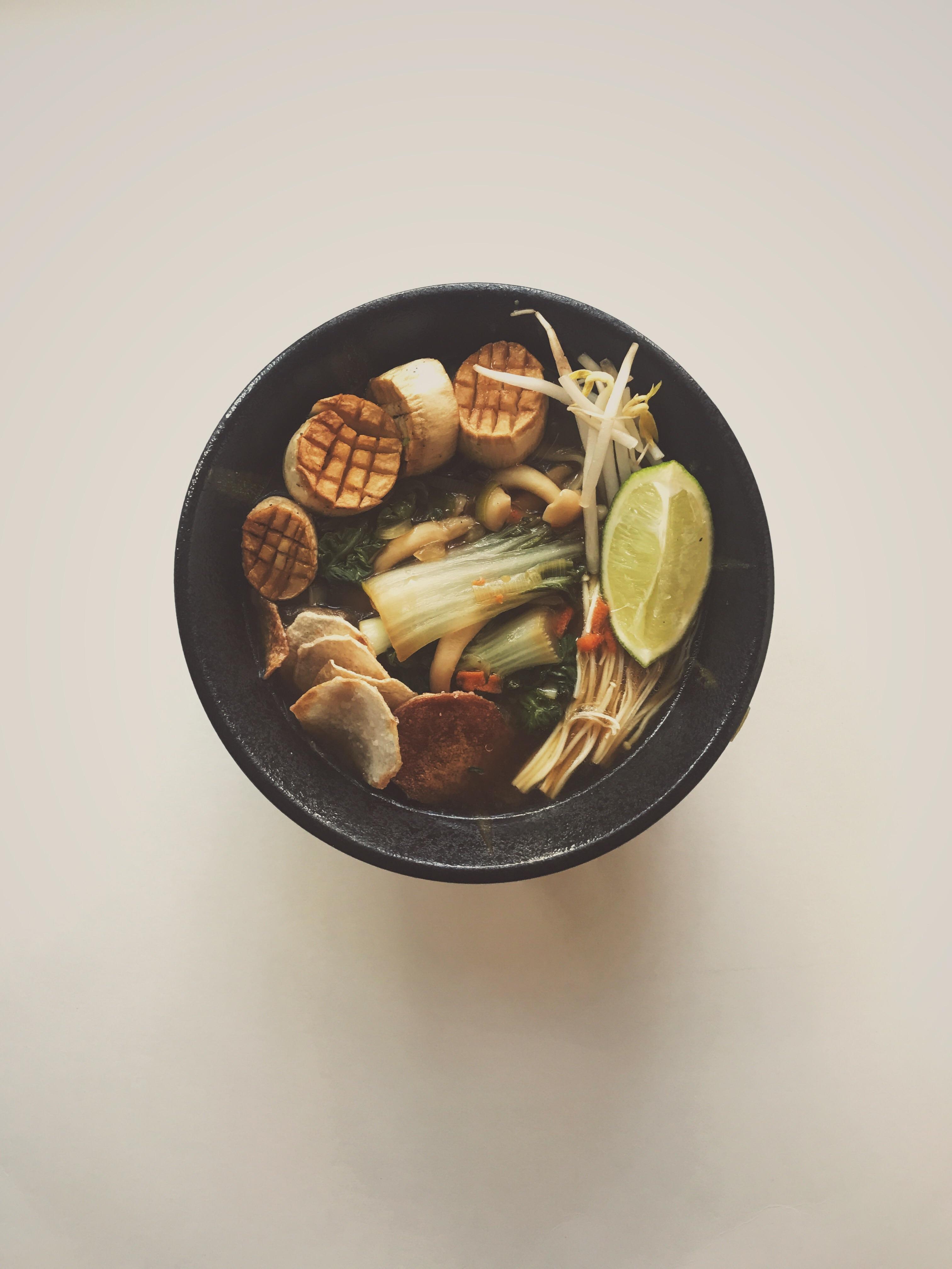 Mushroom ramen featuring king oyster mushrooms, red miso broth and taro