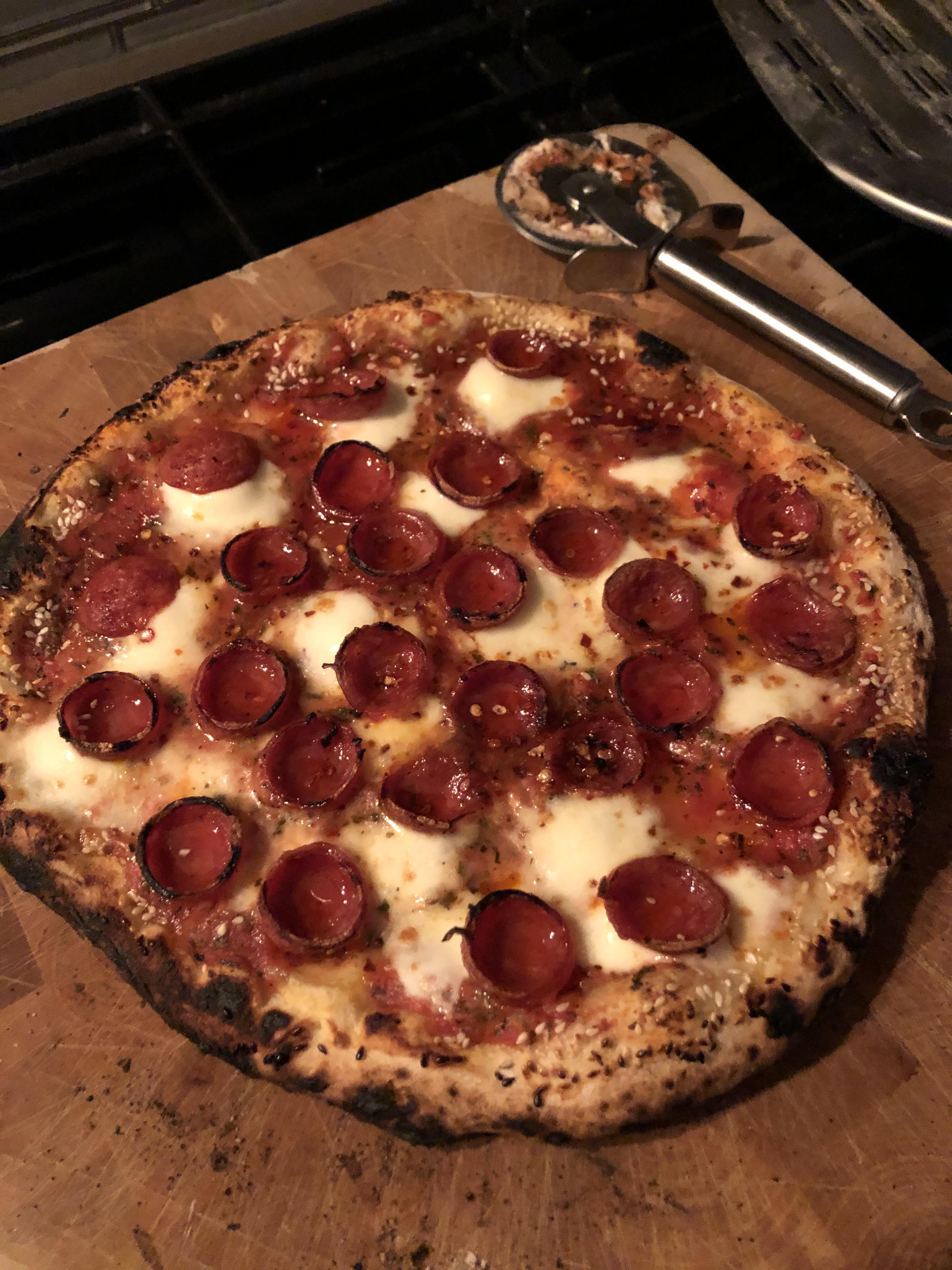 Pepperoni and hot honey, sesame crust. Roccbox with 3 day cold ferment