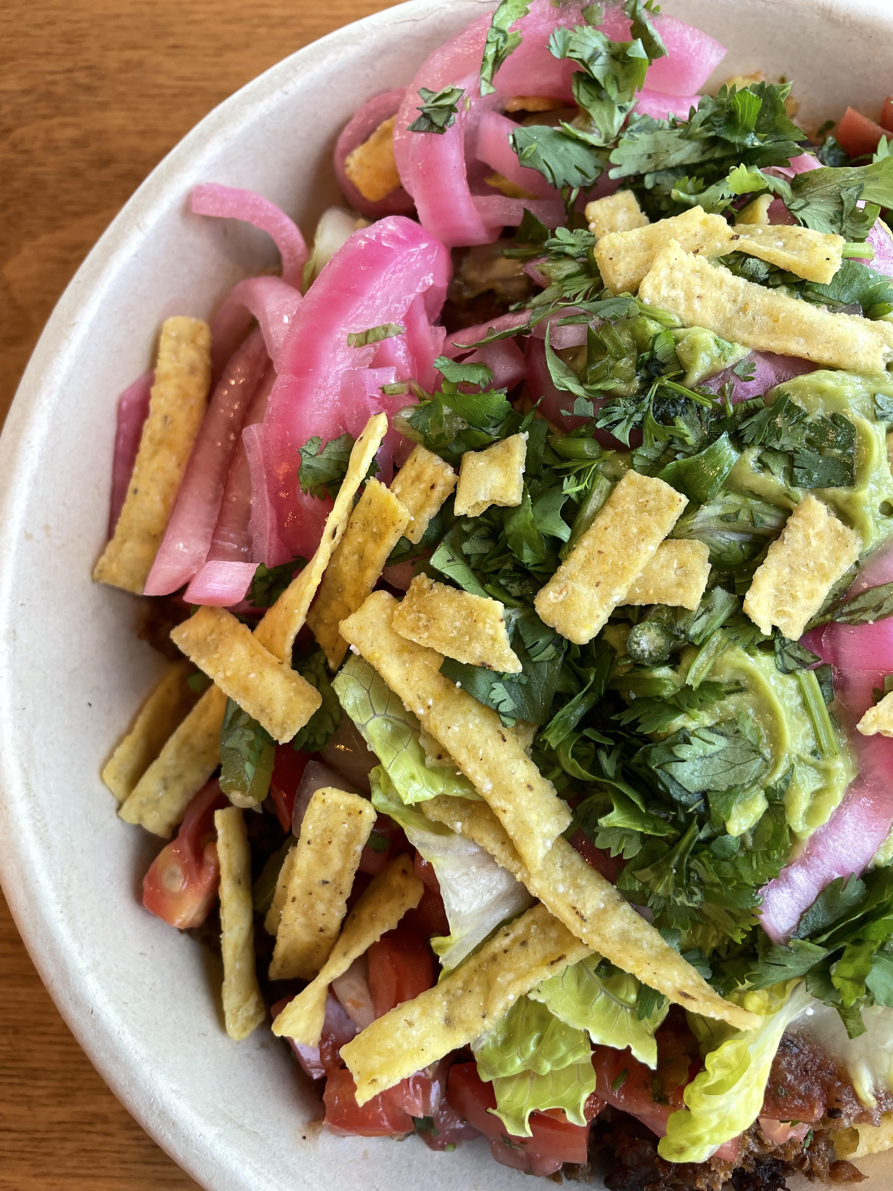 Beyond Meat Burrito Bowl from QDOBA. Best part is they don’t charge to