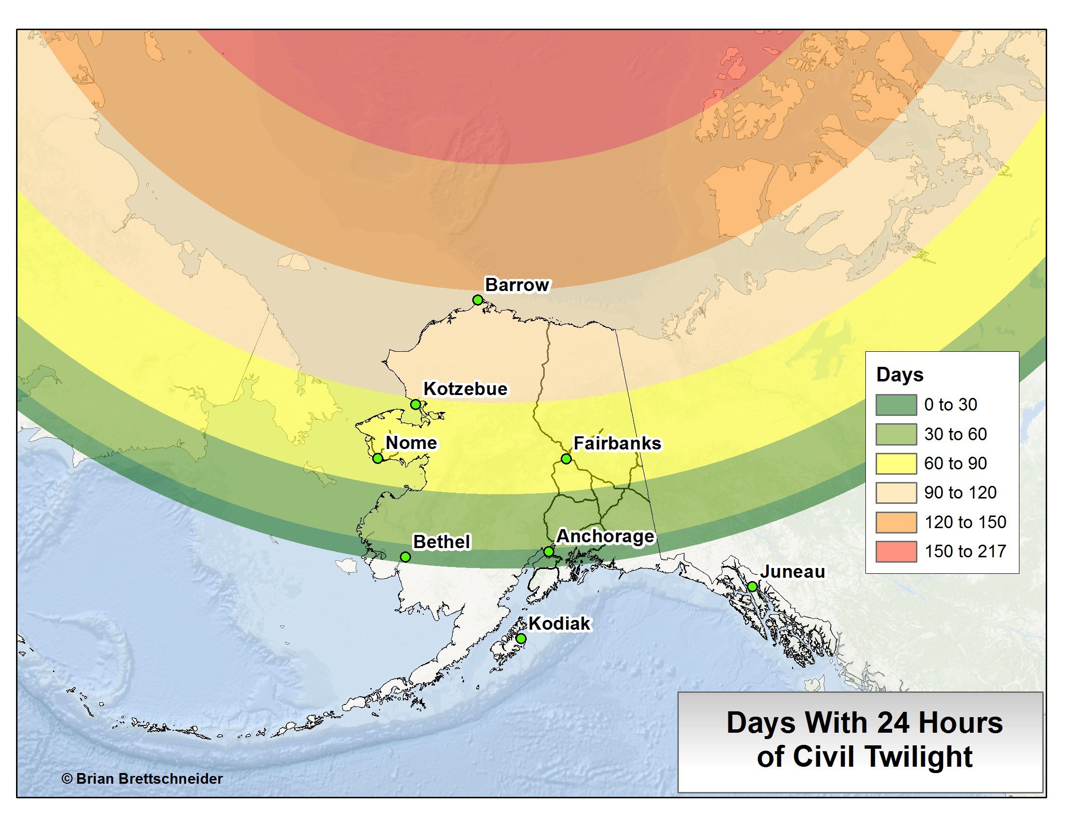 Number of days with 24 hours of sunlight per year in Alaska r/MapPorn