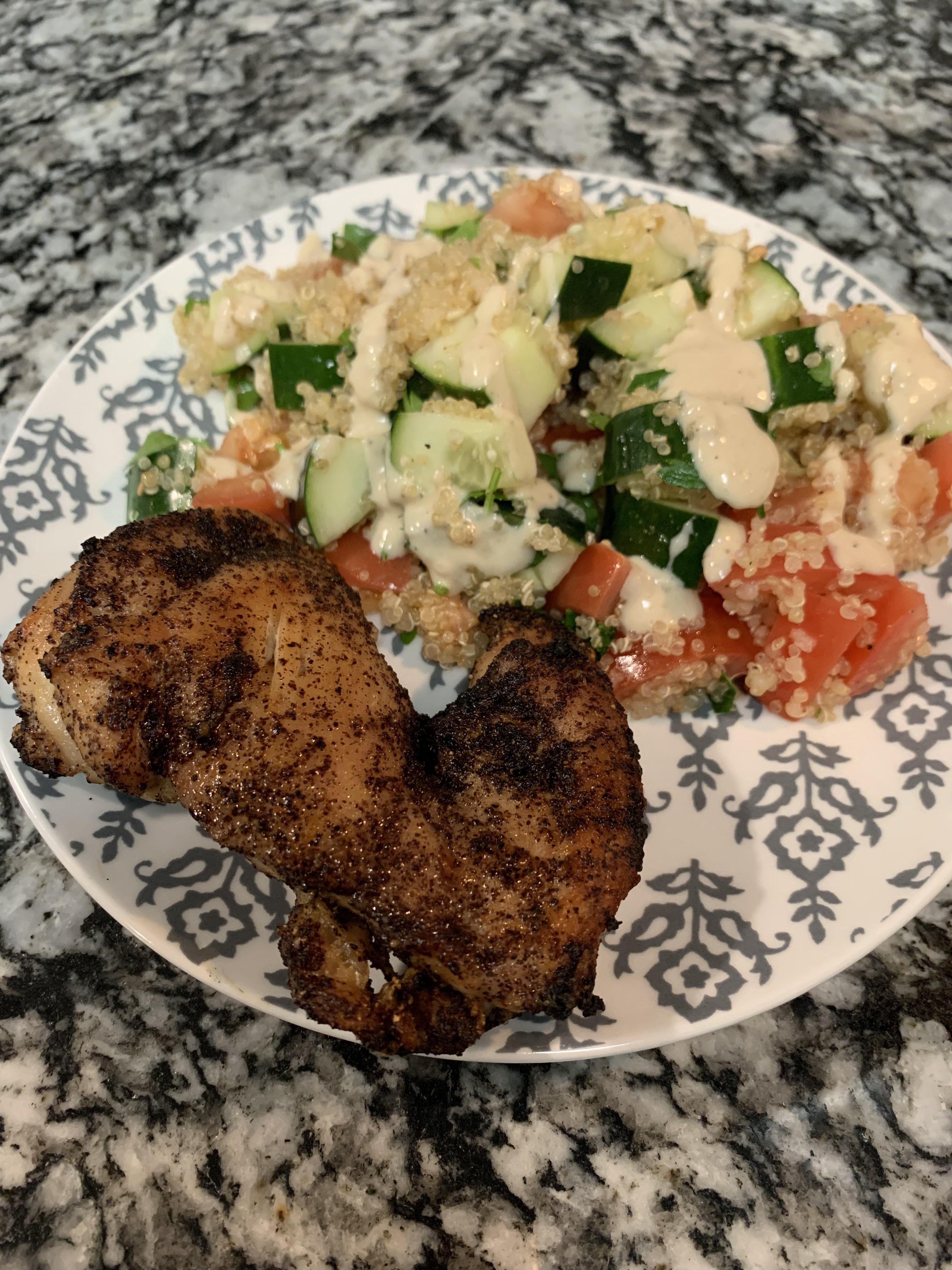 Sumac Chicken Thighs with Quinoa Tabbouleh and a Tahini Sauce (Marley
