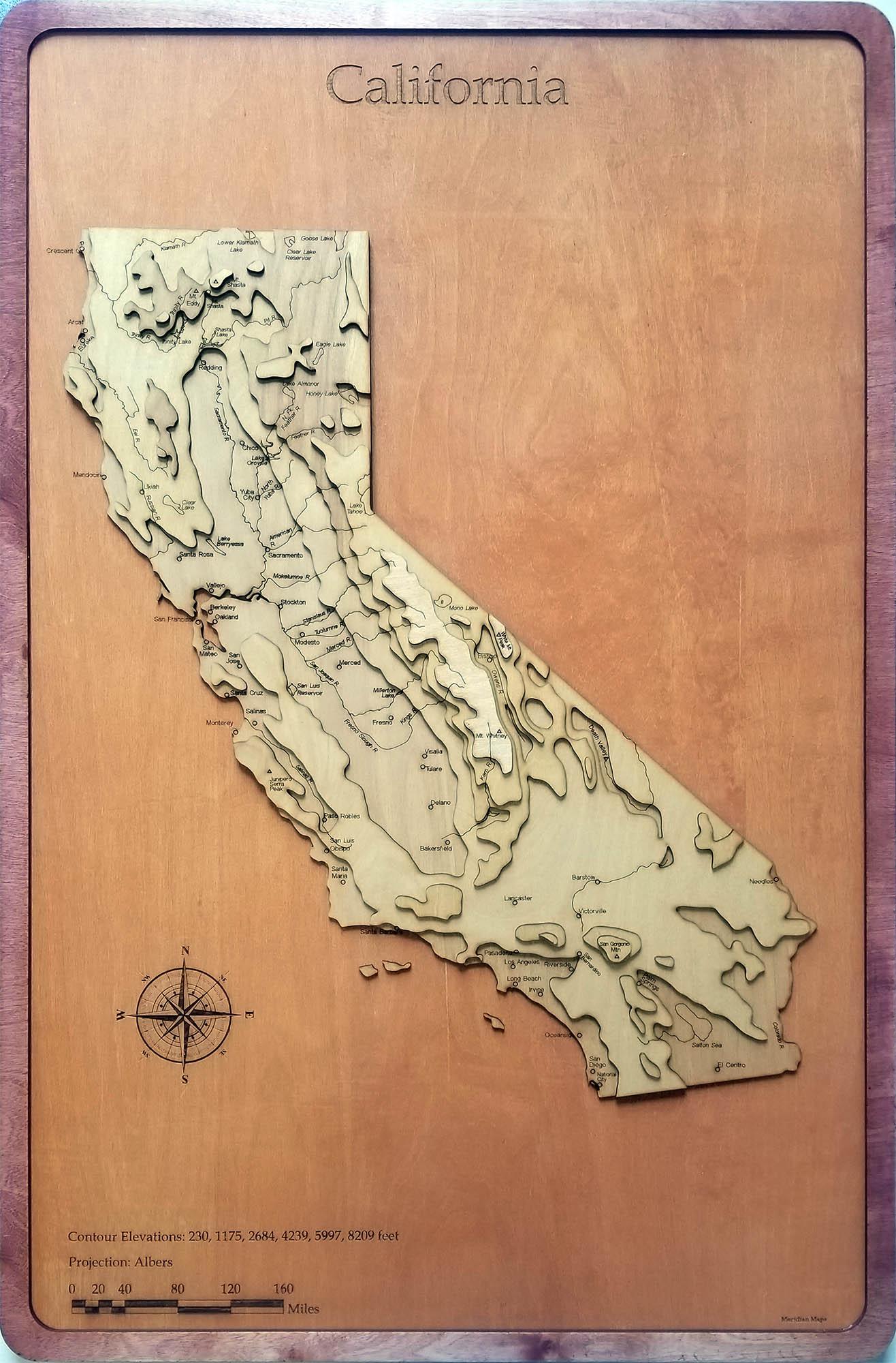 I made a Wood Engraved Topographic Map of California. Laser Cut, Hand