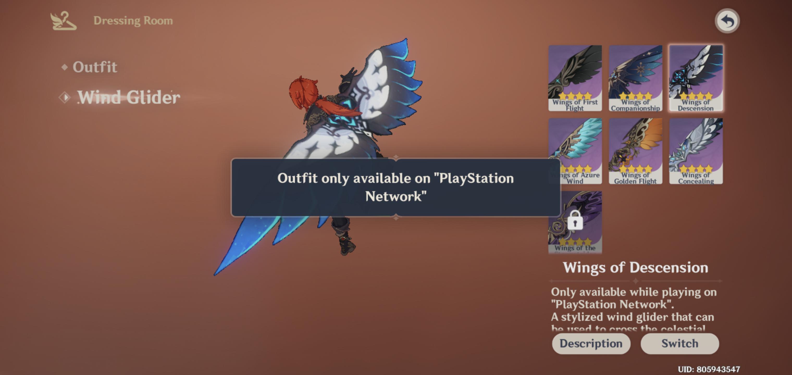 For any PC/Android/IOS players who wanted to use the PS4 Wings of Descension, you can't