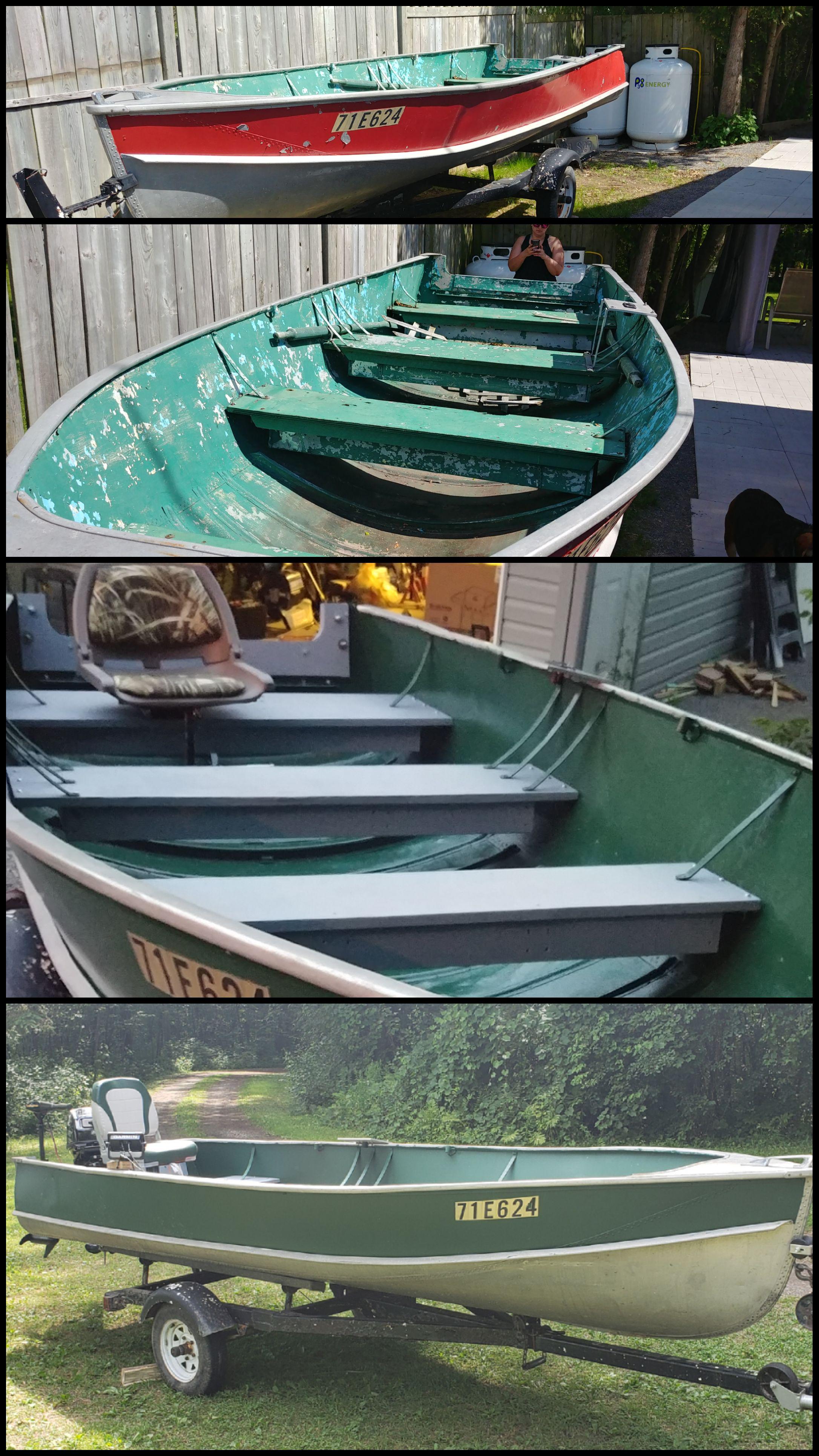 Redid my grandpa's old aluminum boat. Before and after pics r/boatporn