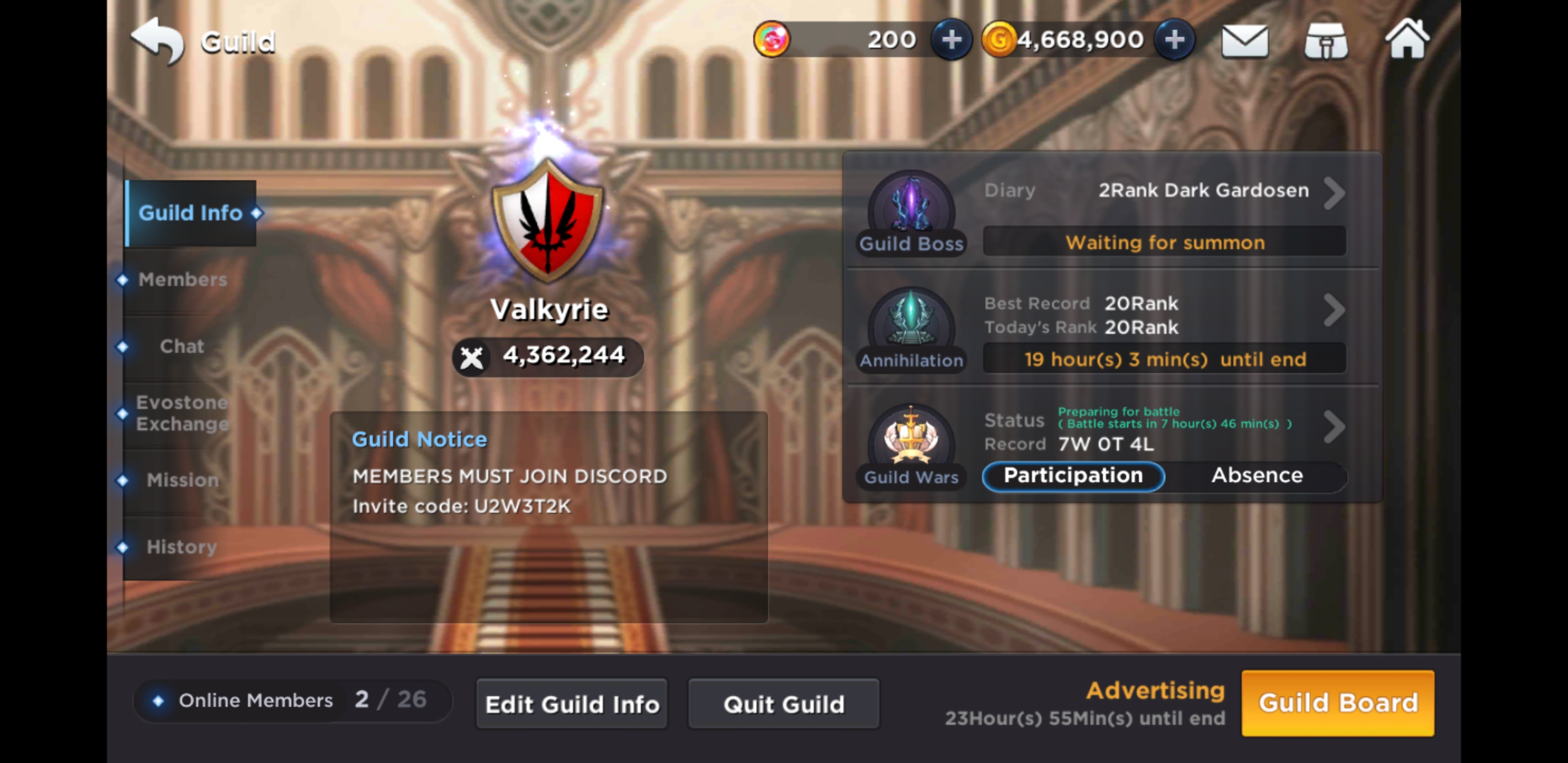 Valkyrie Guild Global Server recruiting active players above BP 175k. Must use discord