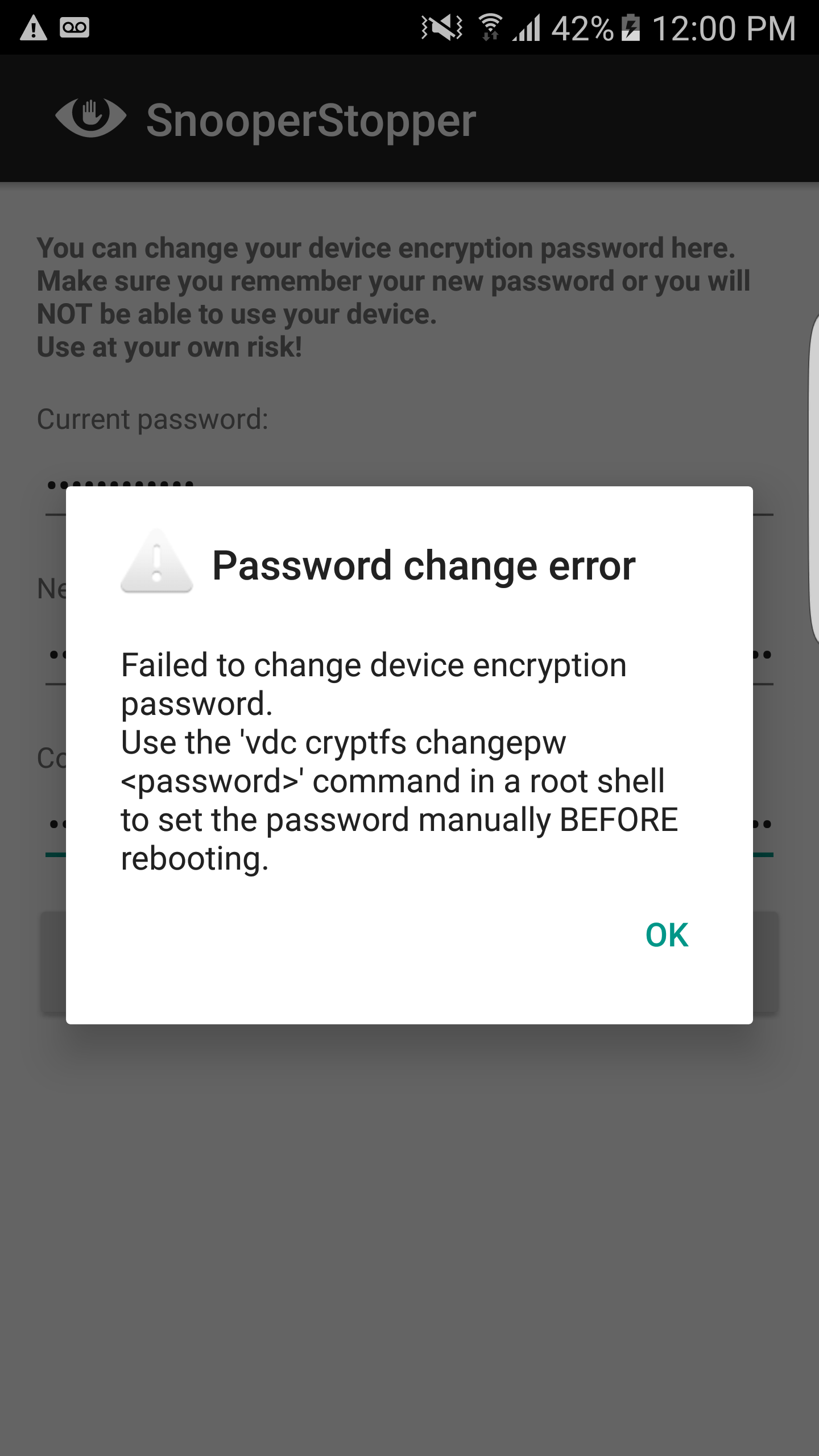 No longer able to change device encryption password using either