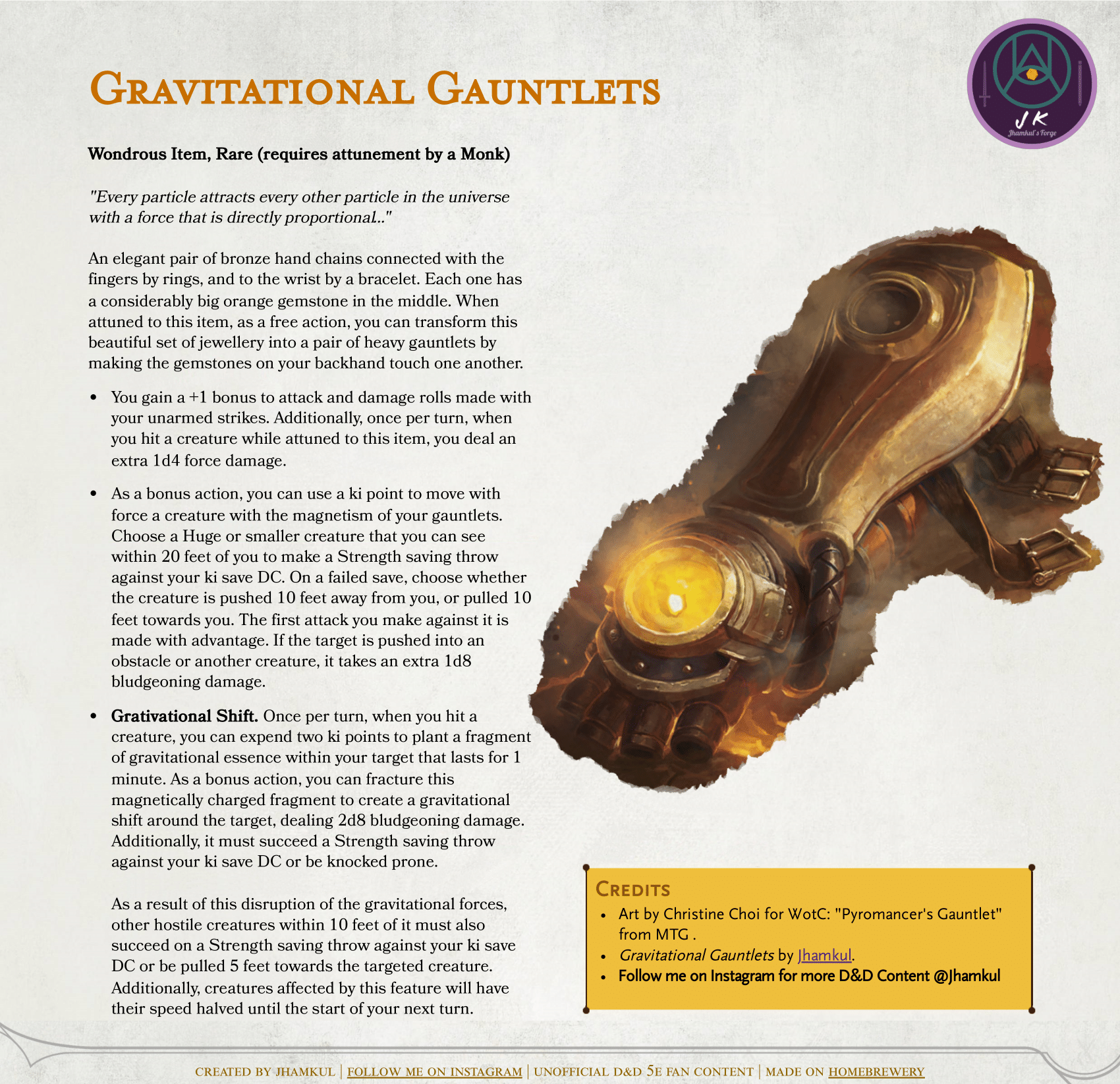 Magic Item Gravitational Gauntlets Item for monks to punch their
