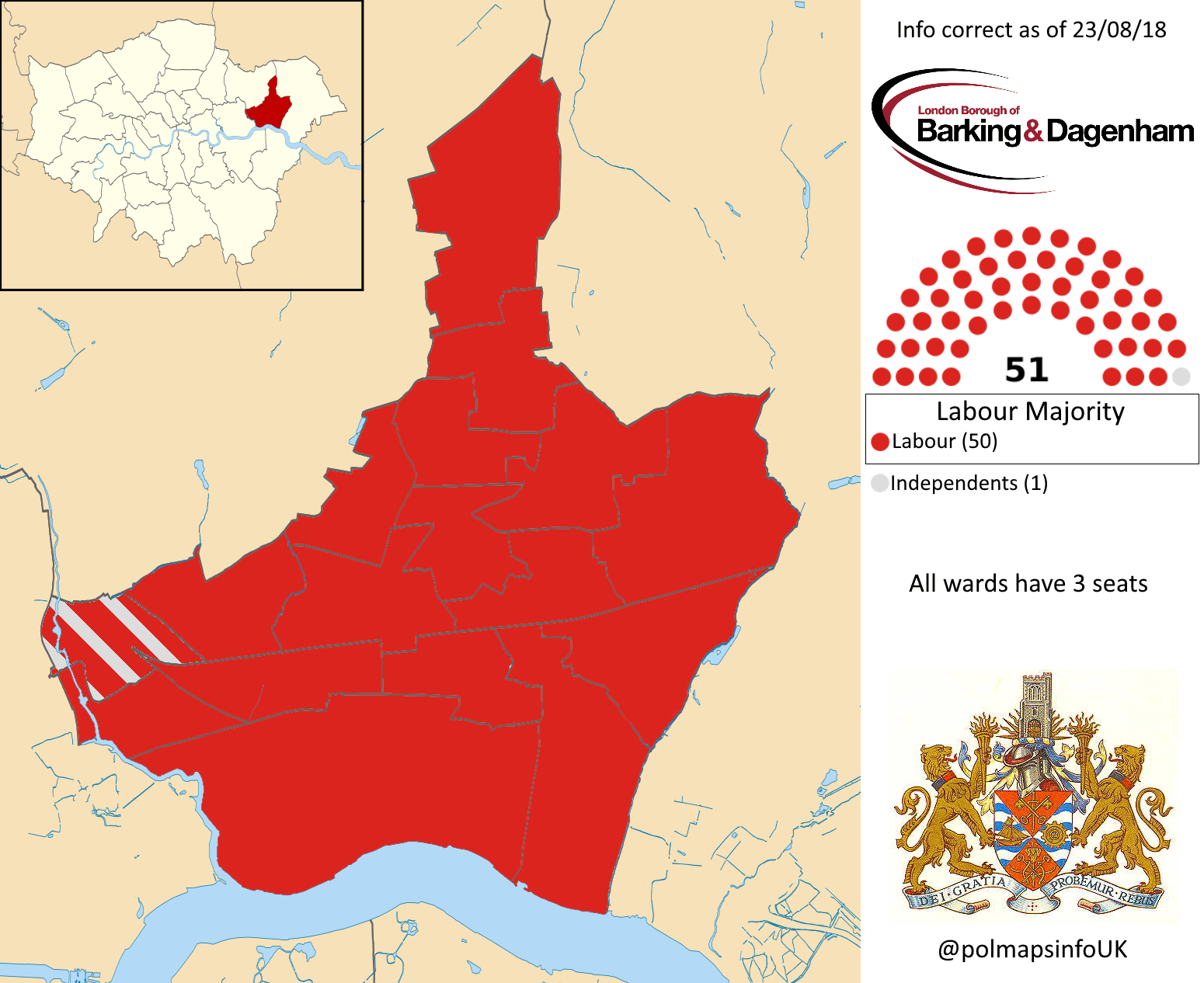 Barking and Dagenham Borough Council, London. 23/08/2018 r/PoliticalMaps