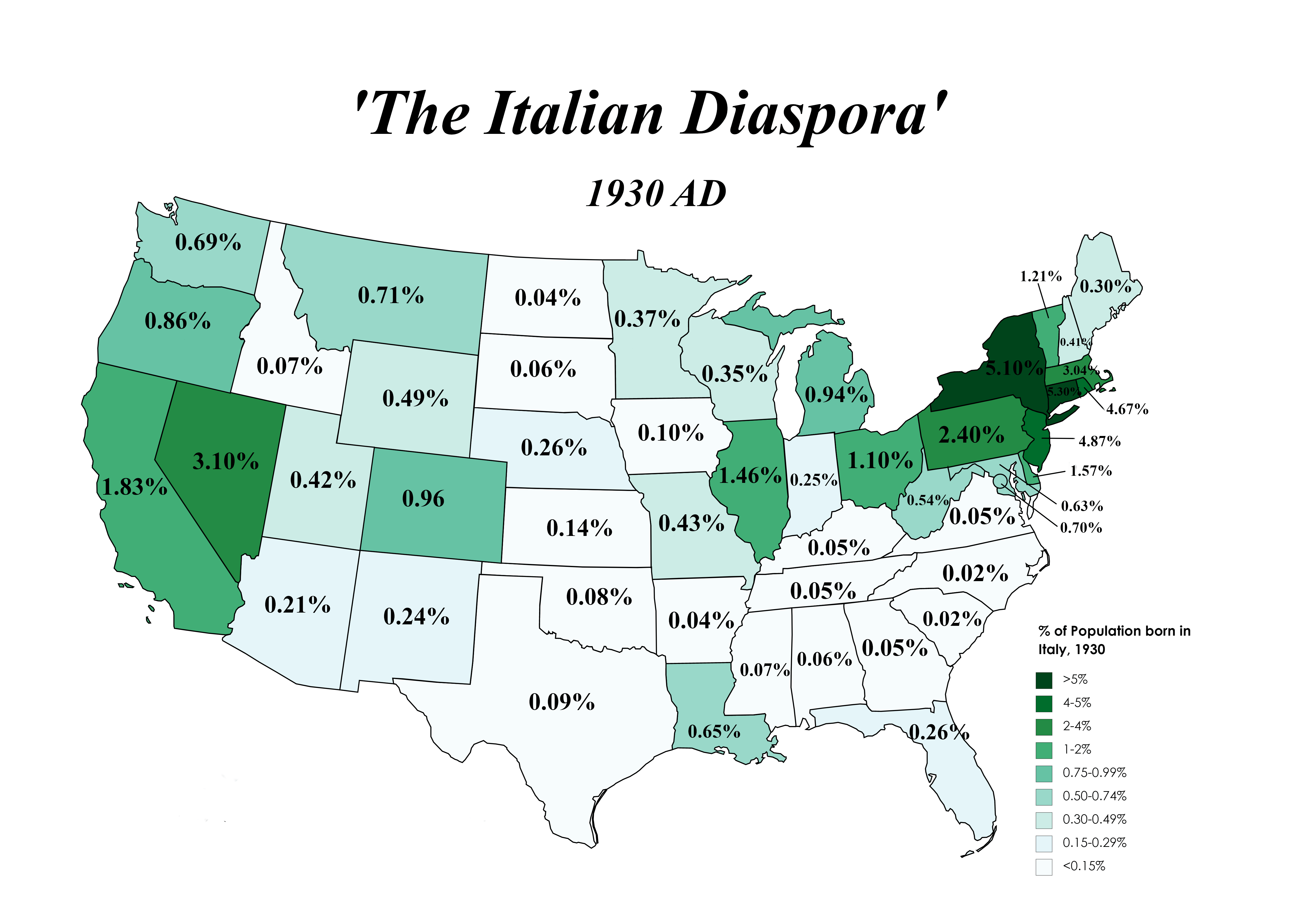 Percentage of Each State's Population born in Italy, 1930 [OC] r/dataisbeautiful