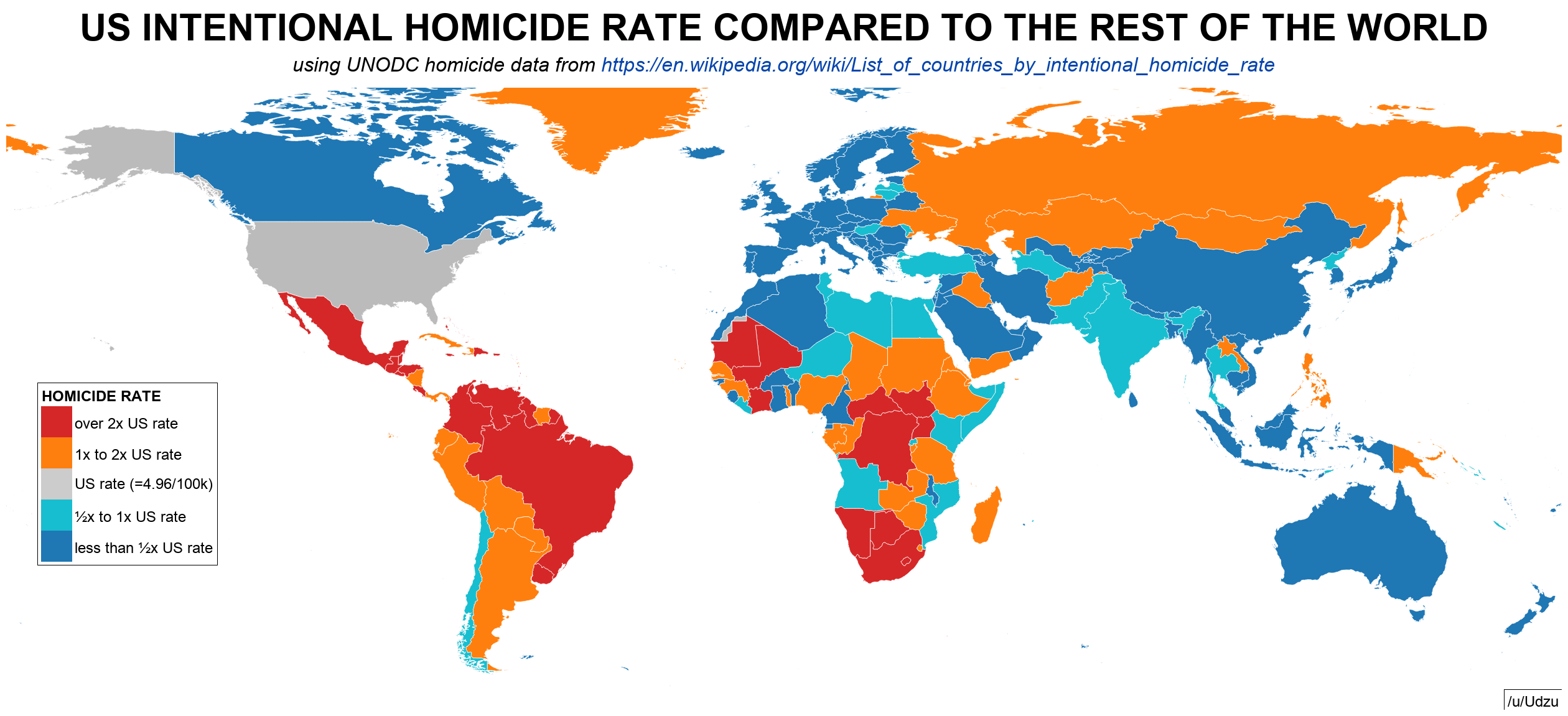 US murder rate compared to the rest of the world r/MapPorn