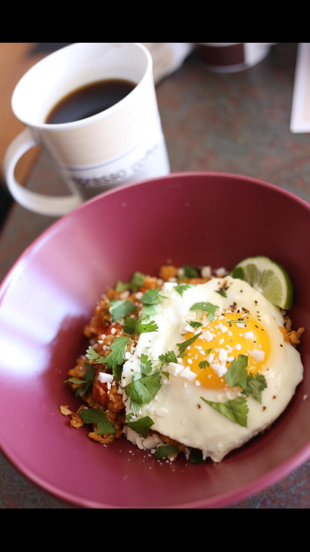 [Homemade] Spanish Breakfast Bowl w/ toasted rice, sunny side egg