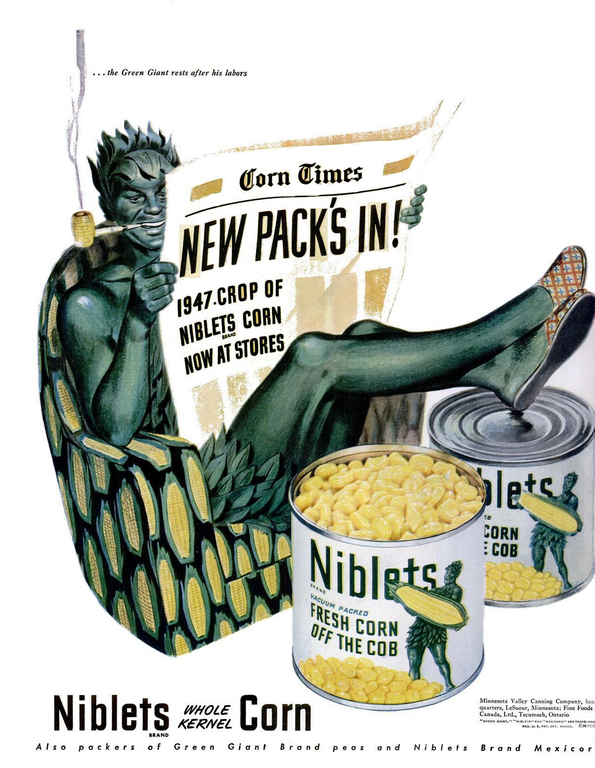 "New Pack's In! 1947 Crop of Niblets Corn Now at Stores", Green Giant