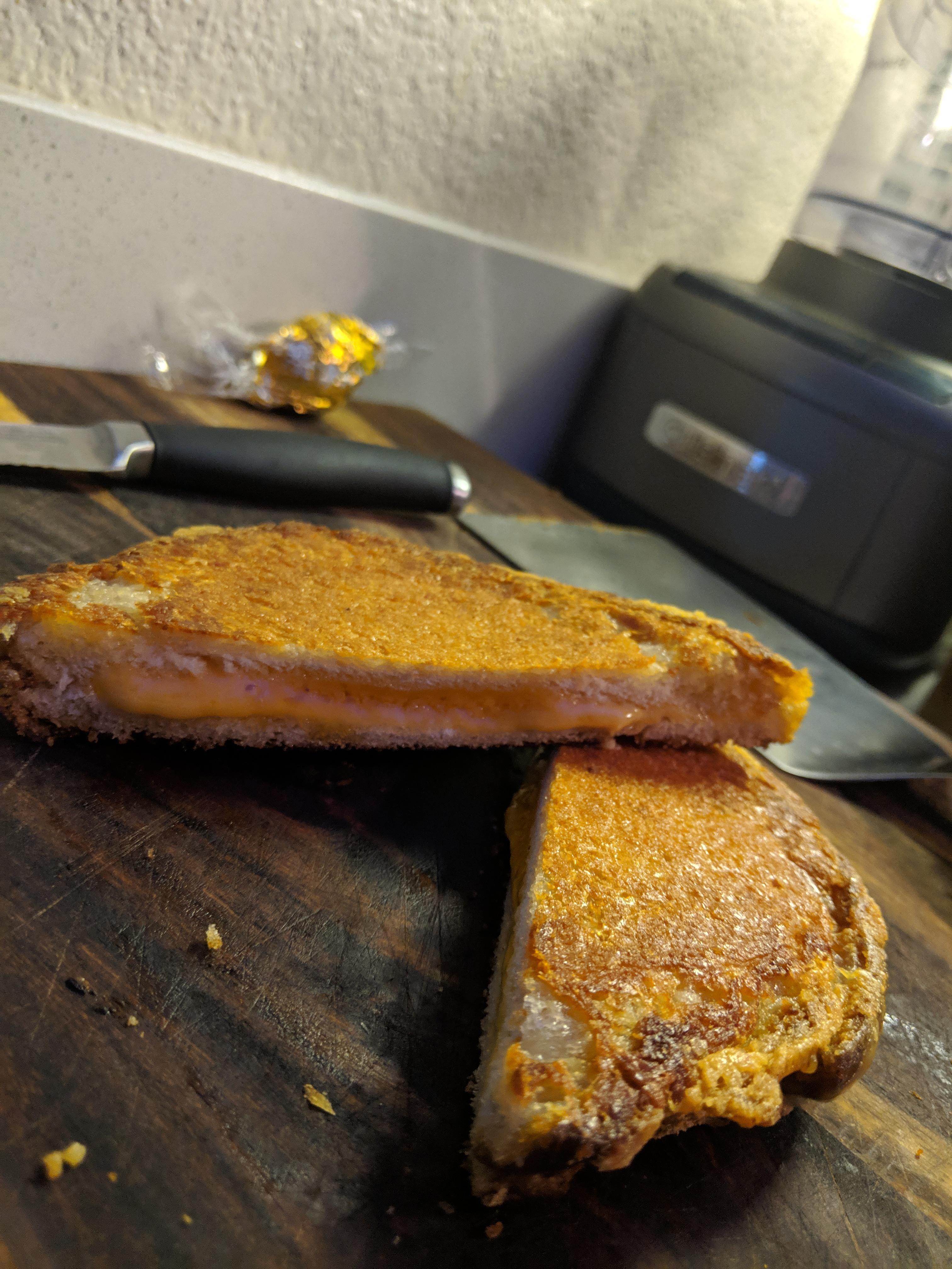 Sharp Cheddar on White with a Provolone Crust! Grilled Cheese Chirps