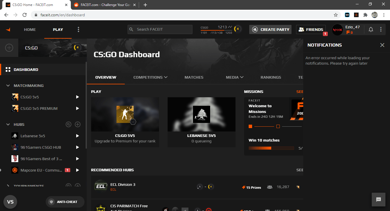 Its been few days since faceit notifications tab isnt loading, help