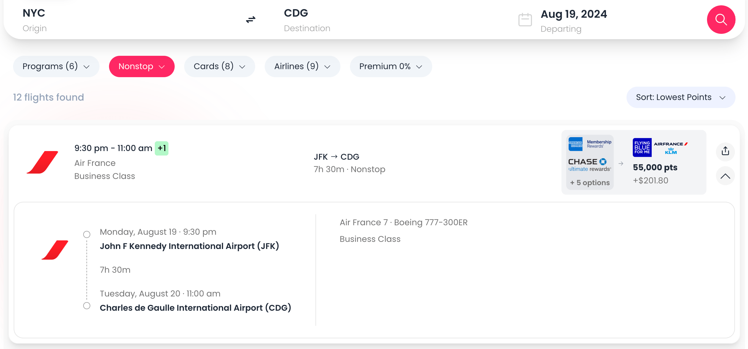 55,000 pts Air France Class from New York to Paris on 8/19/2024 r/roame