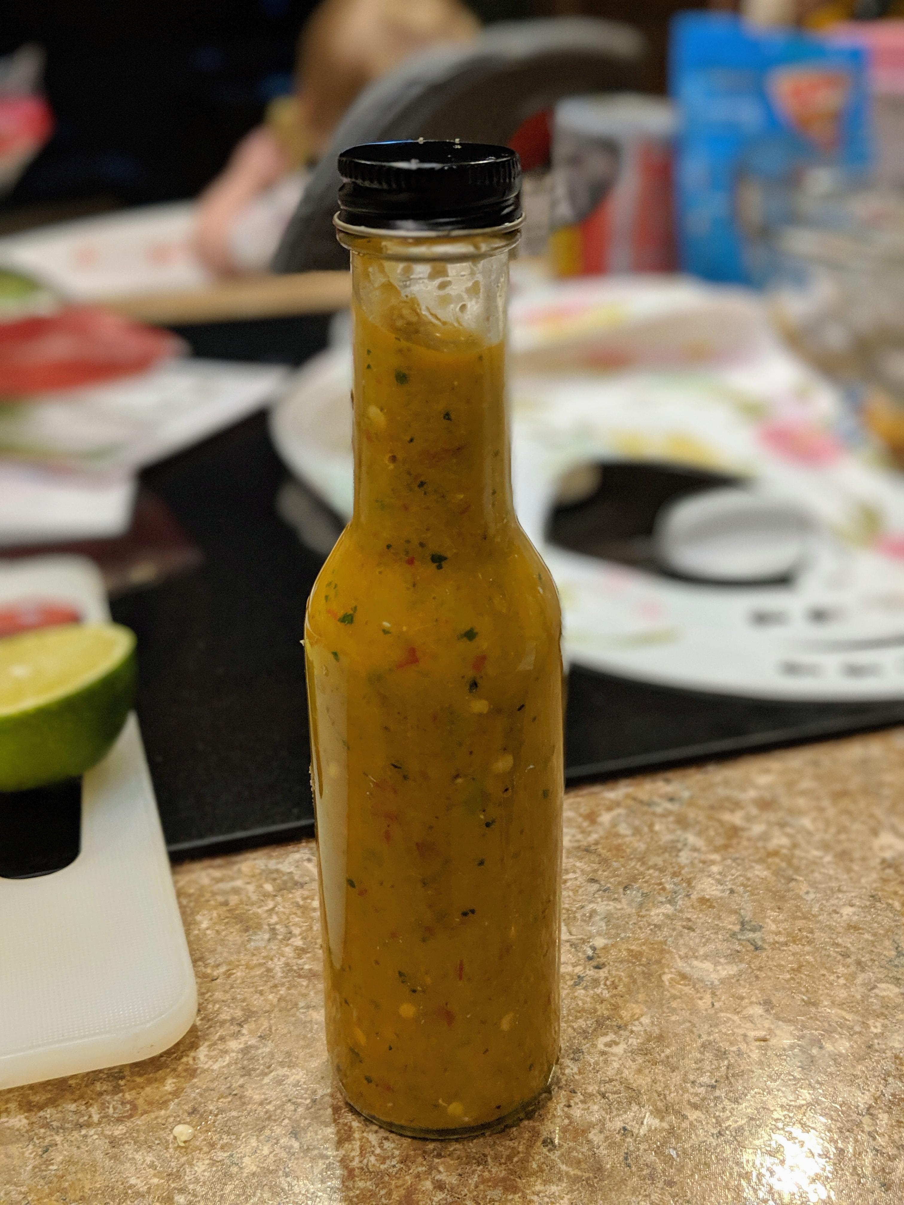 Habanero, jalapeno, Anaheim, Fresno hot sauce with lime, garlic