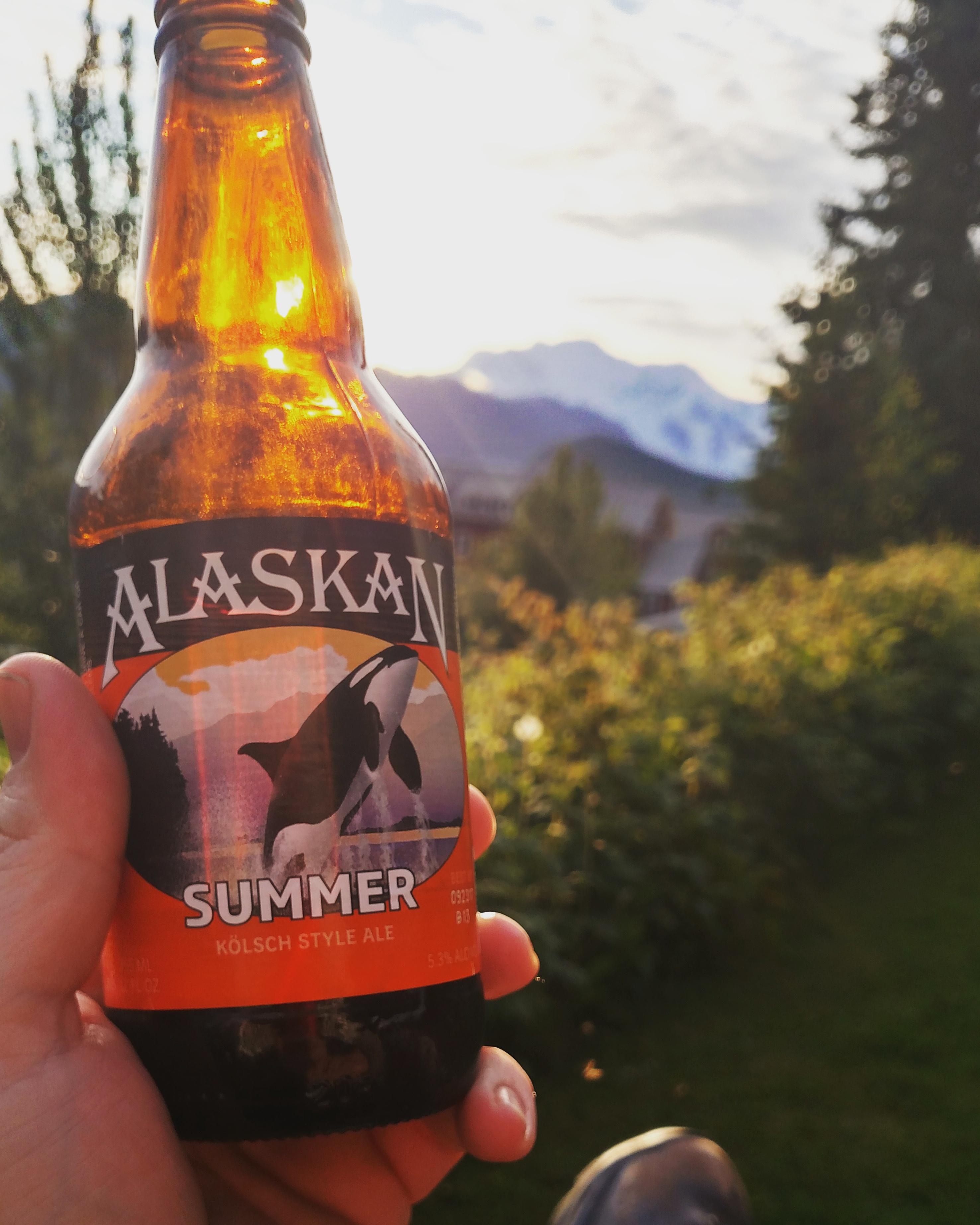 Enjoying an Alaska Summer beer while watching the sun set behind Mt