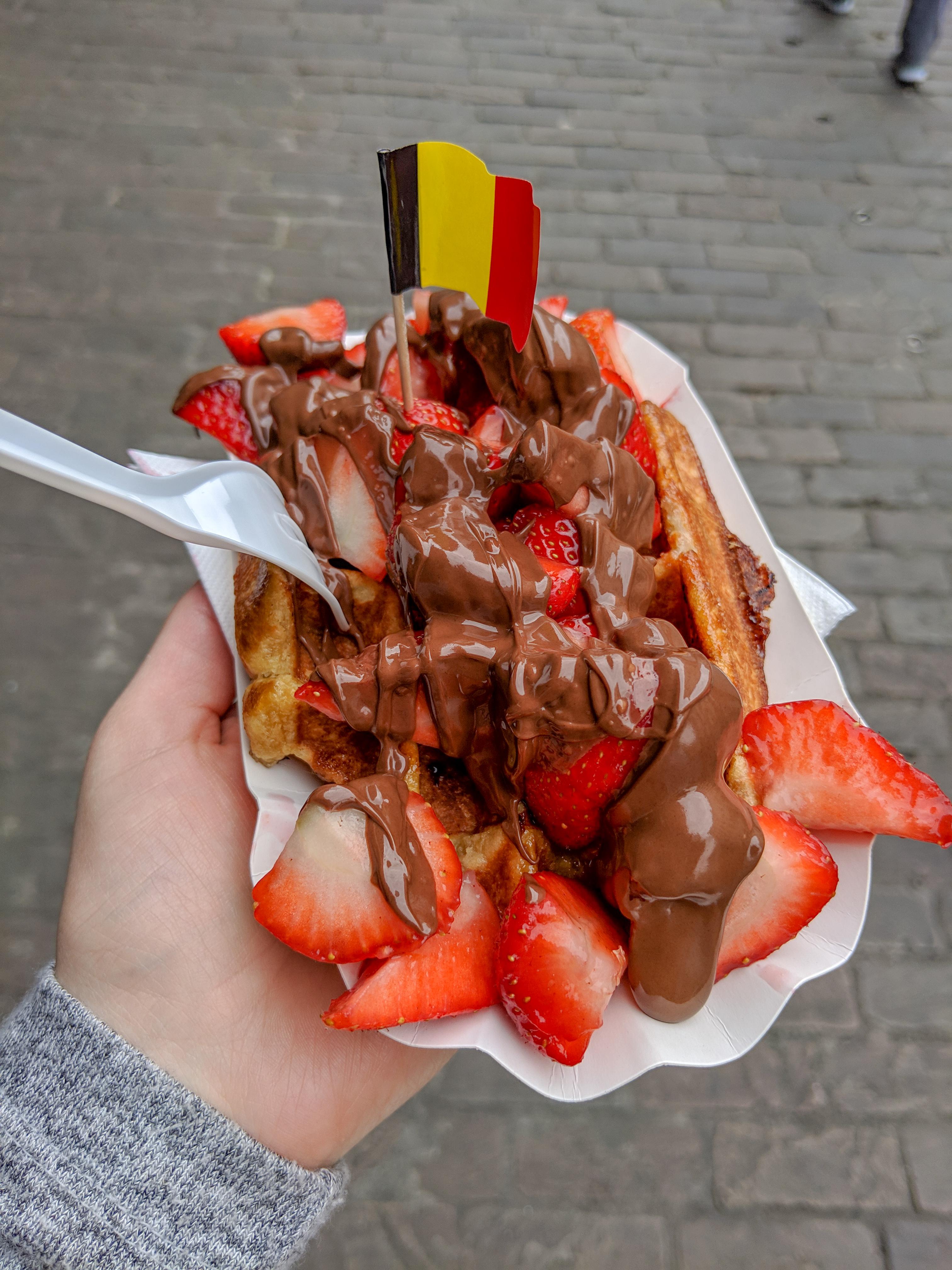 Liege waffle with Nutella and strawberries in Ghent, Belgium [OC] r