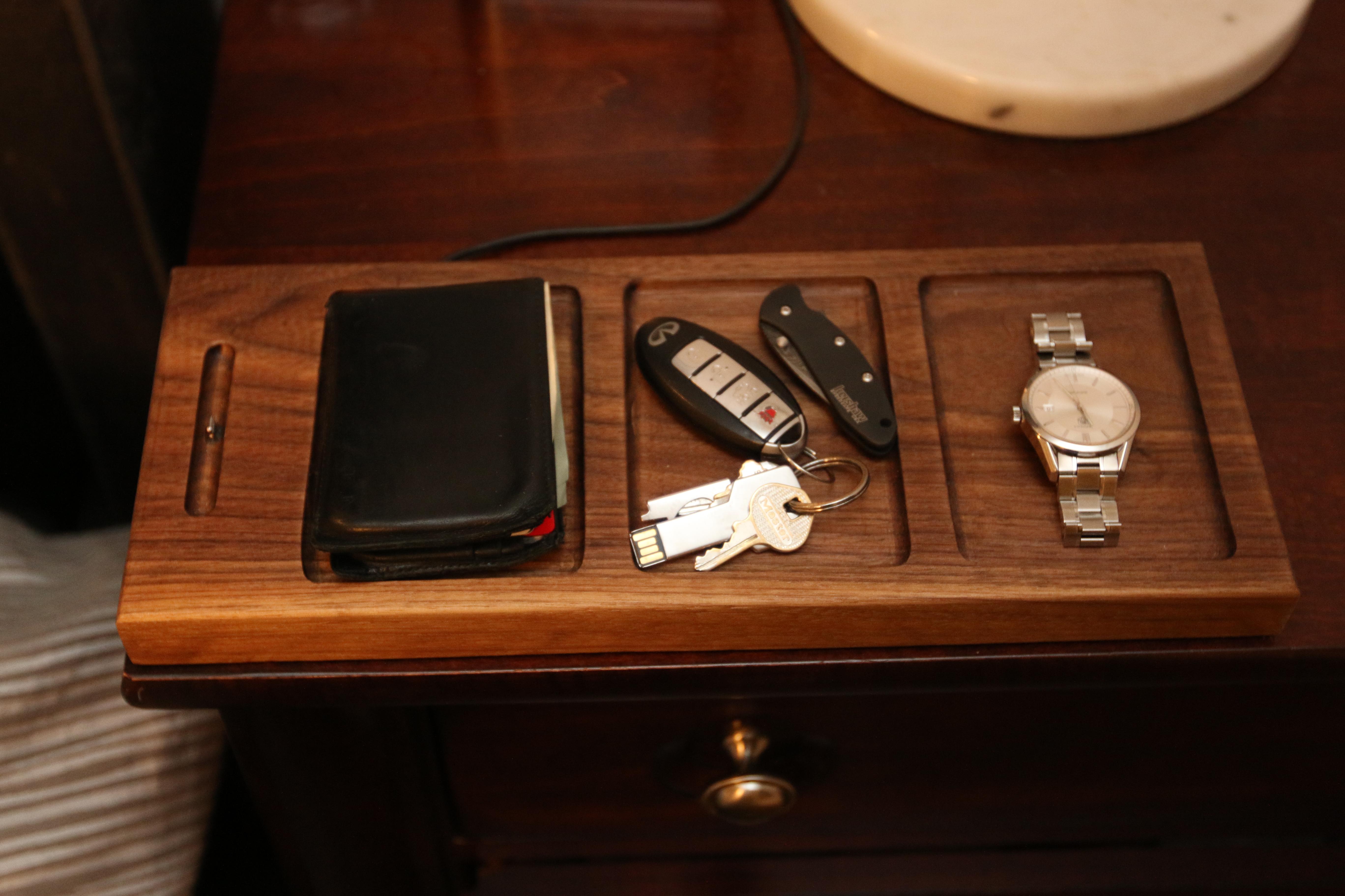 I made a Walnut nightstand caddy and phone charger for my EDC r