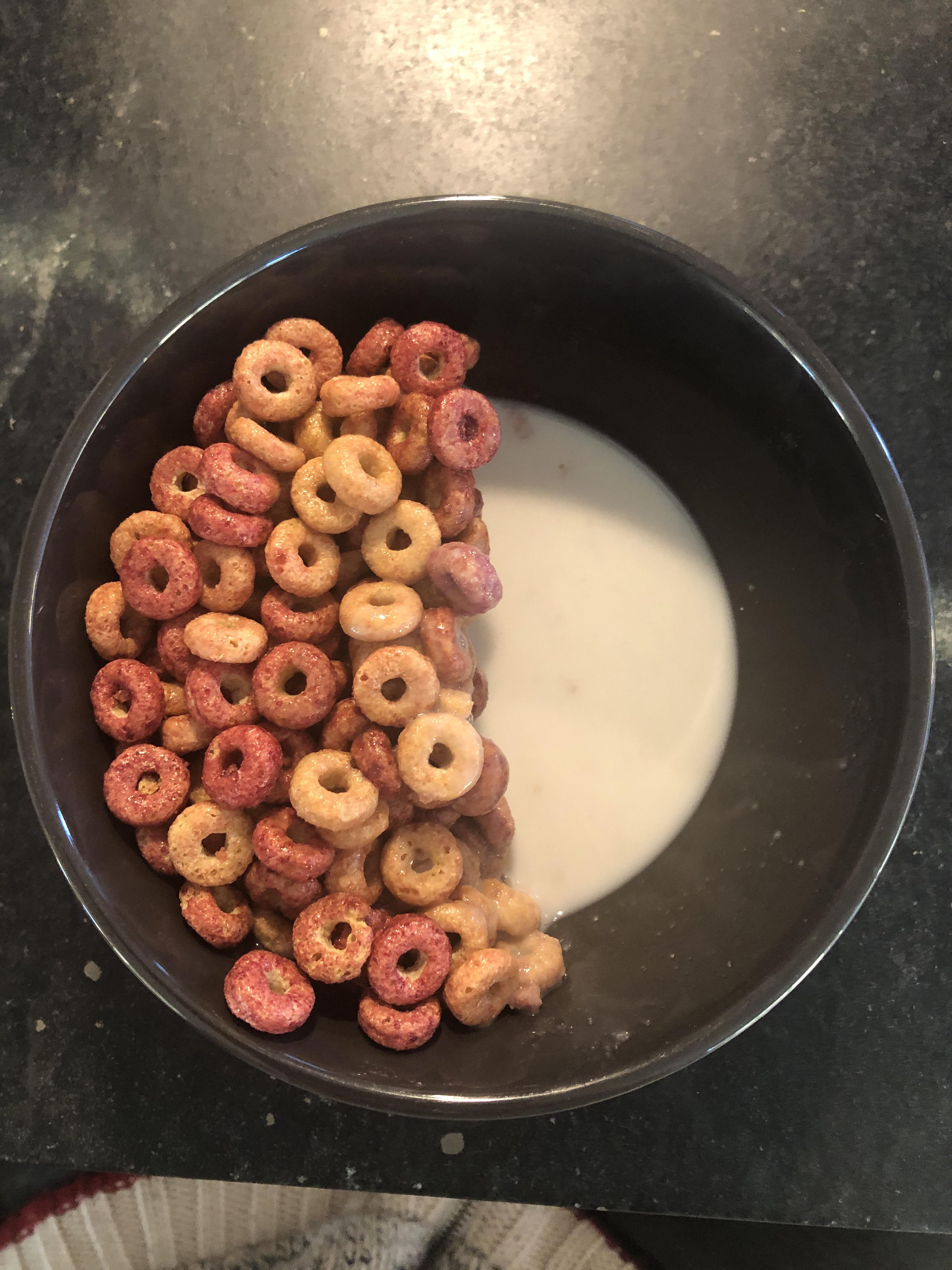 A halffull, halfempty bowl of cereal I ate this morning r