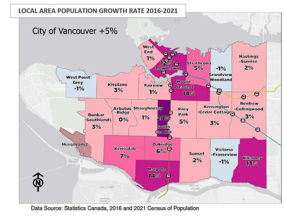 A map of where Vancouver's 5 Population Growth went between 20162021