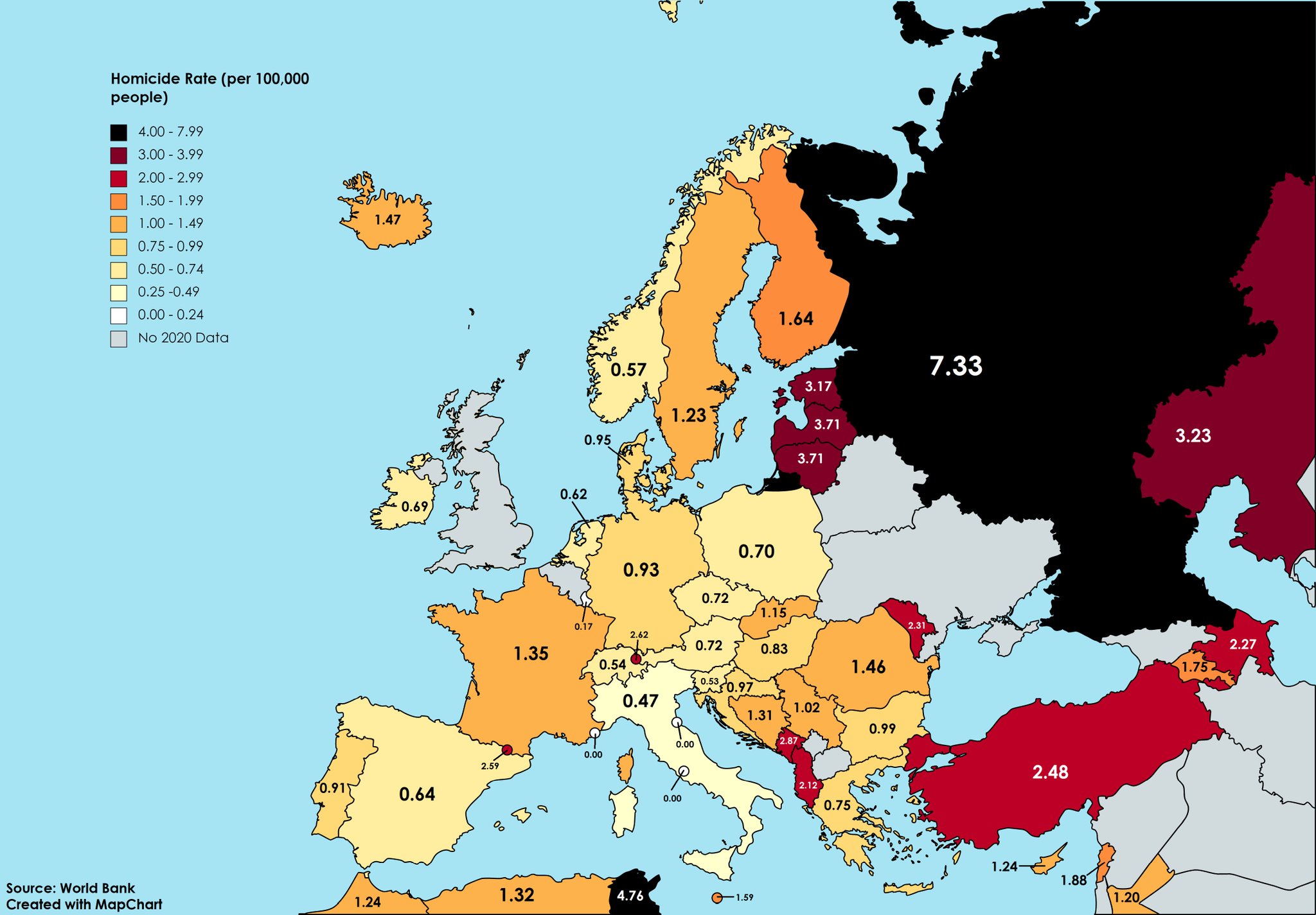 Homicide Rate in Europe in 2020 (Eurostat) r/MapPorn