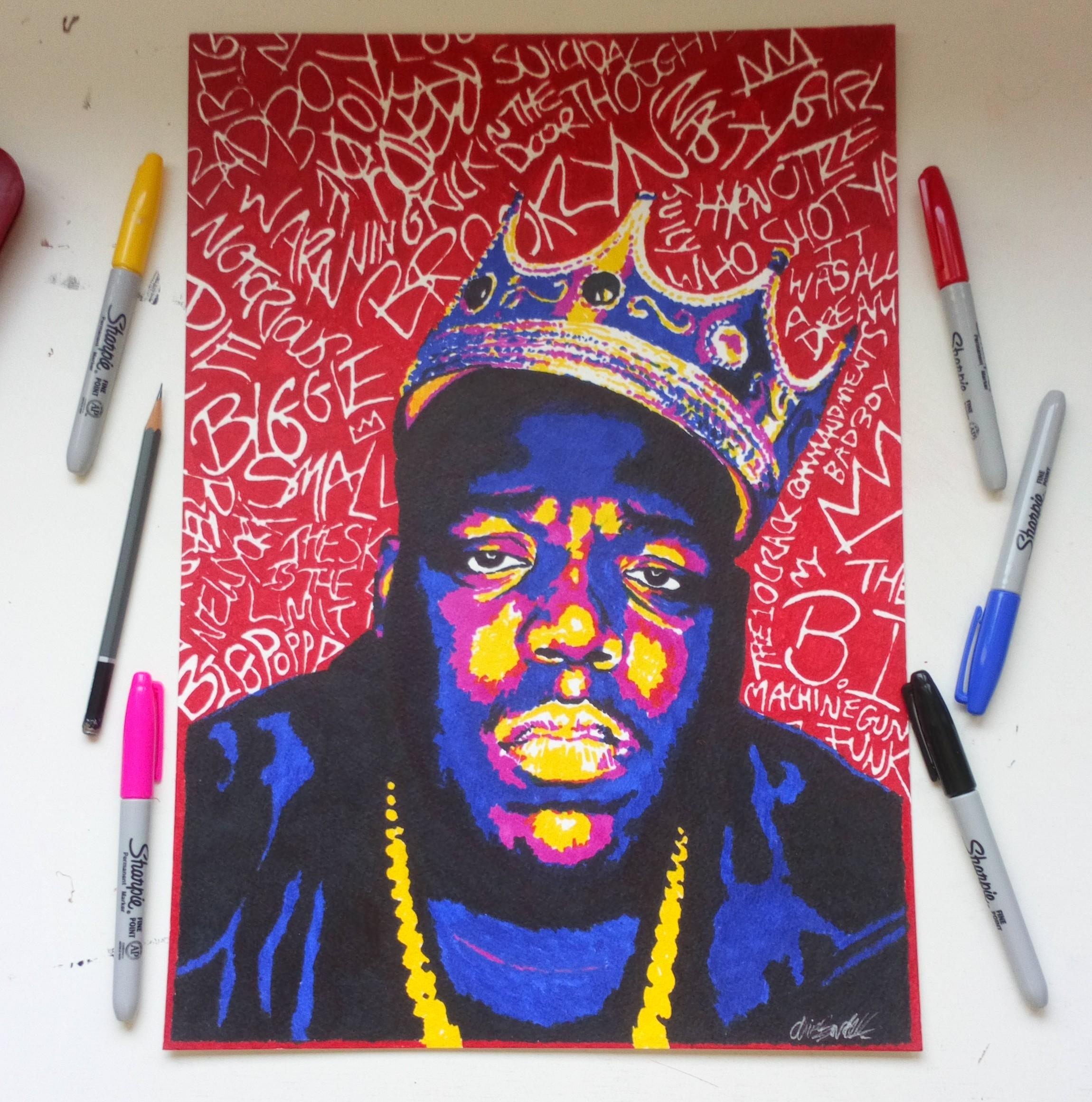 My drawing of Biggie Smalls ,sharpie pens on A3 paper r/90sHipHop