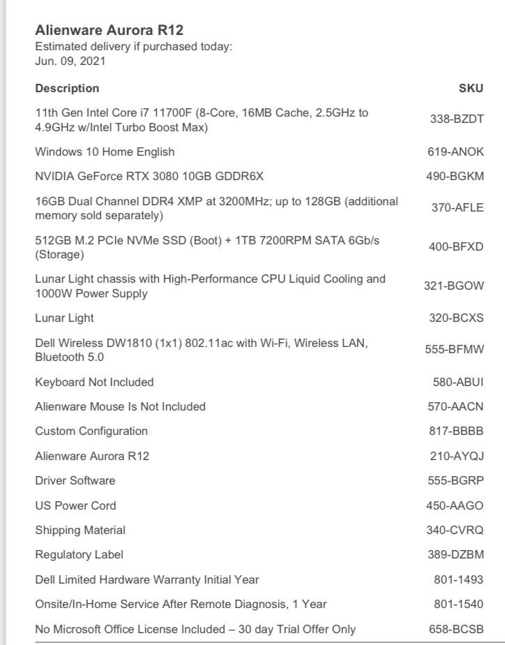 Alienware Aurora R12, below specs. Got them down to 2050 yes, no