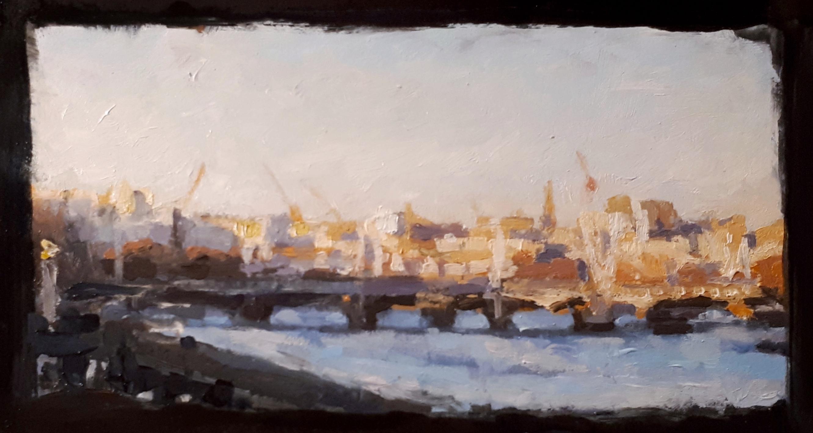 Study of Hungerford bridge, London, oil on card, 4 x 7 inches