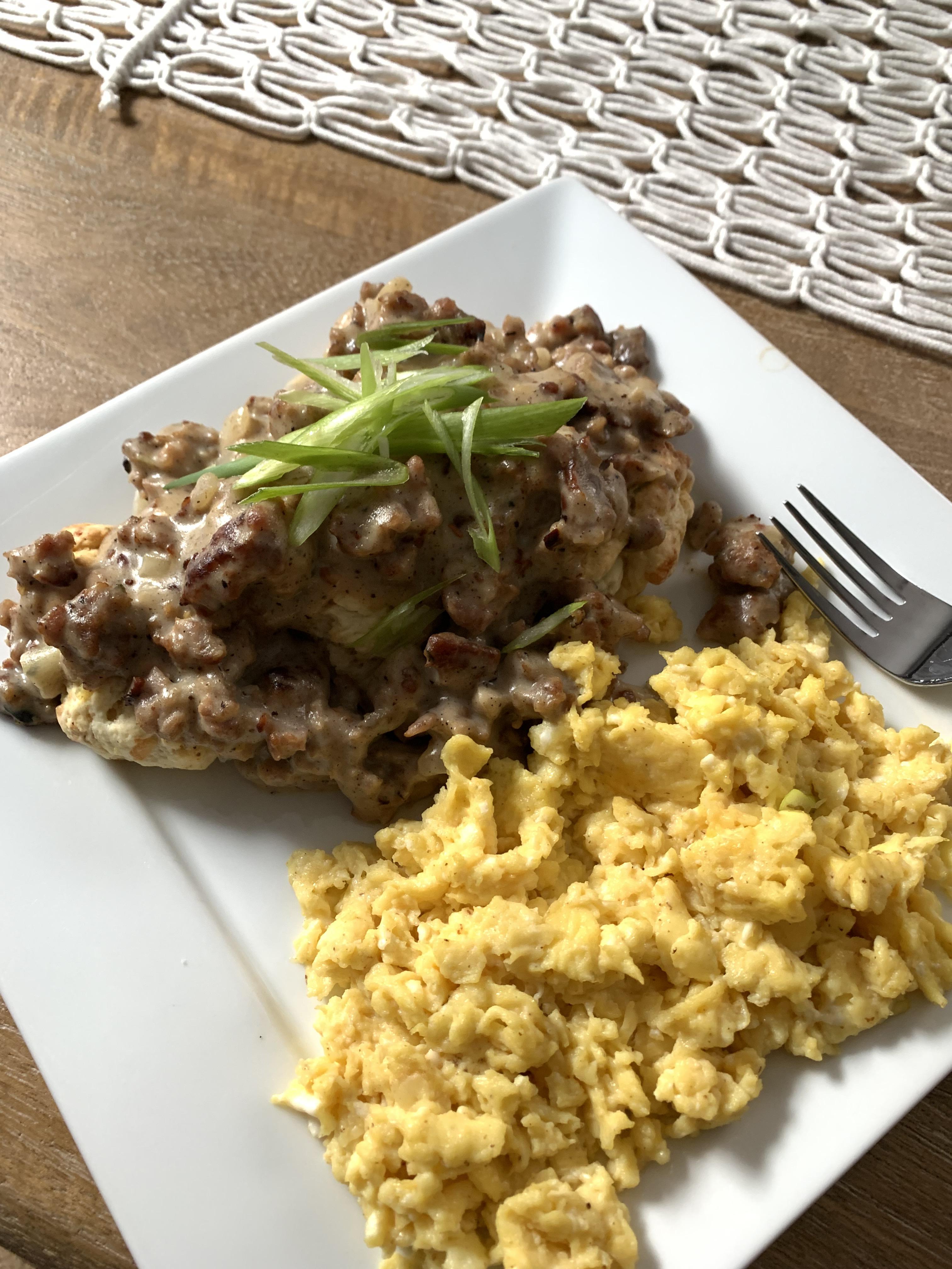 Biscuits and gravy using Kenji’s creamy sausage gravy recipe and fresh