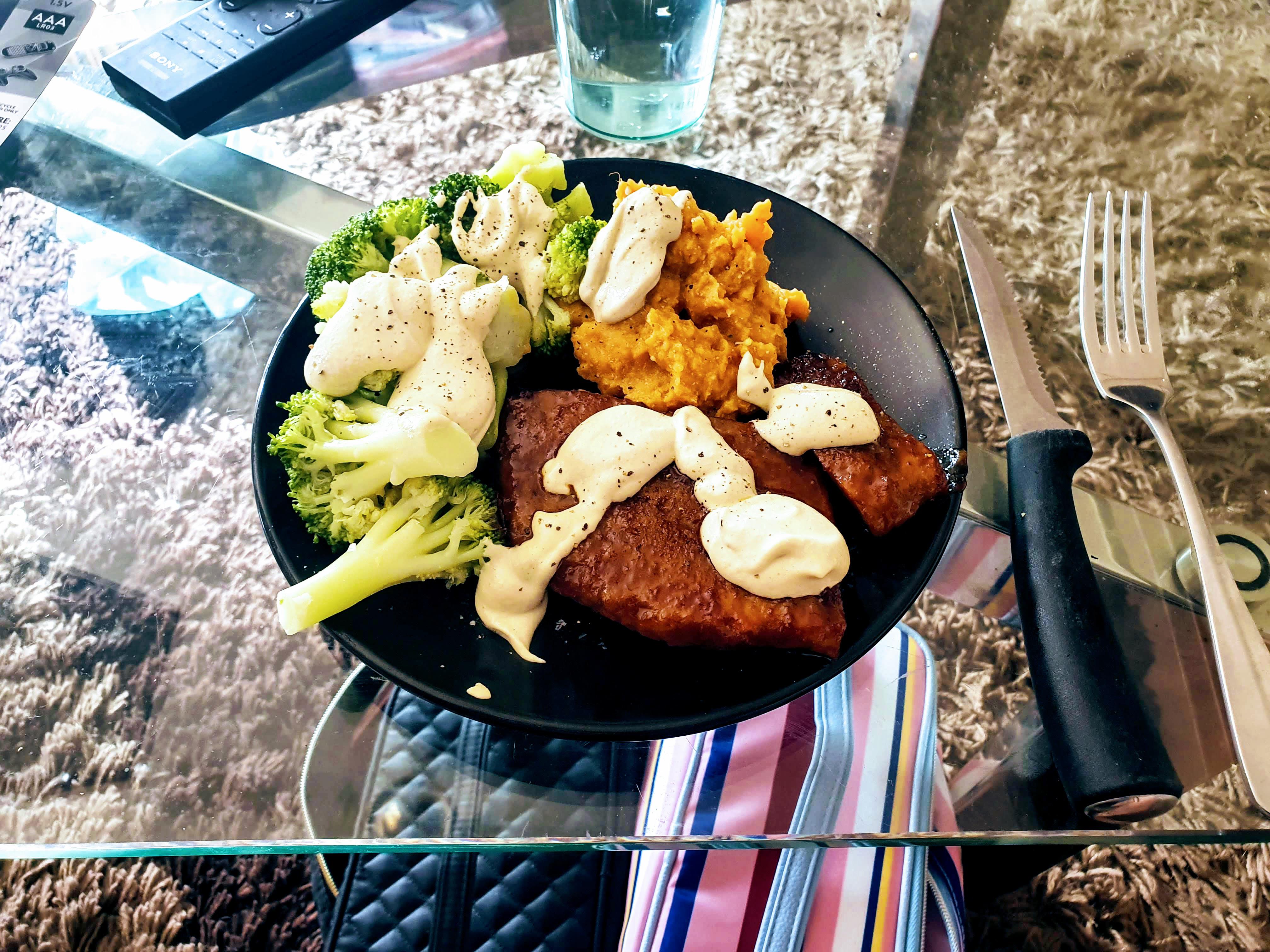 Basic but delicious, BBQ Seitan steak with broccoli and sweet potato