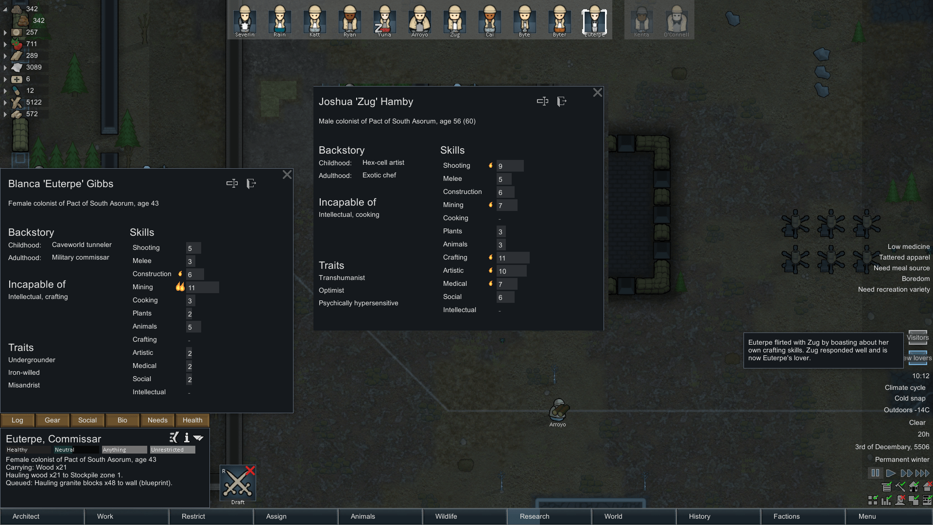 Euterpe flirted with Zug by boasting about her own crafting skills. RimWorld
