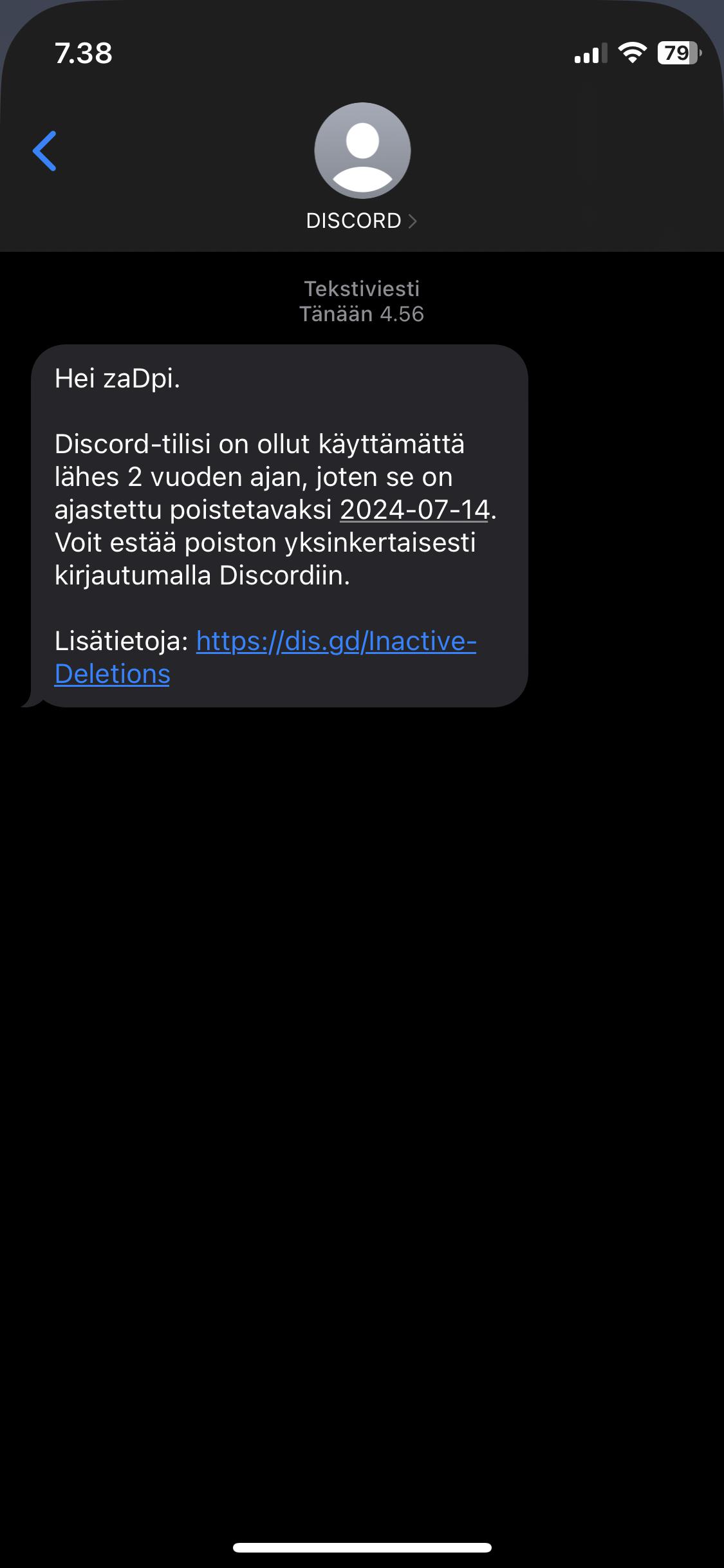 (translation Your Discord account has been unused for nearly 2 years