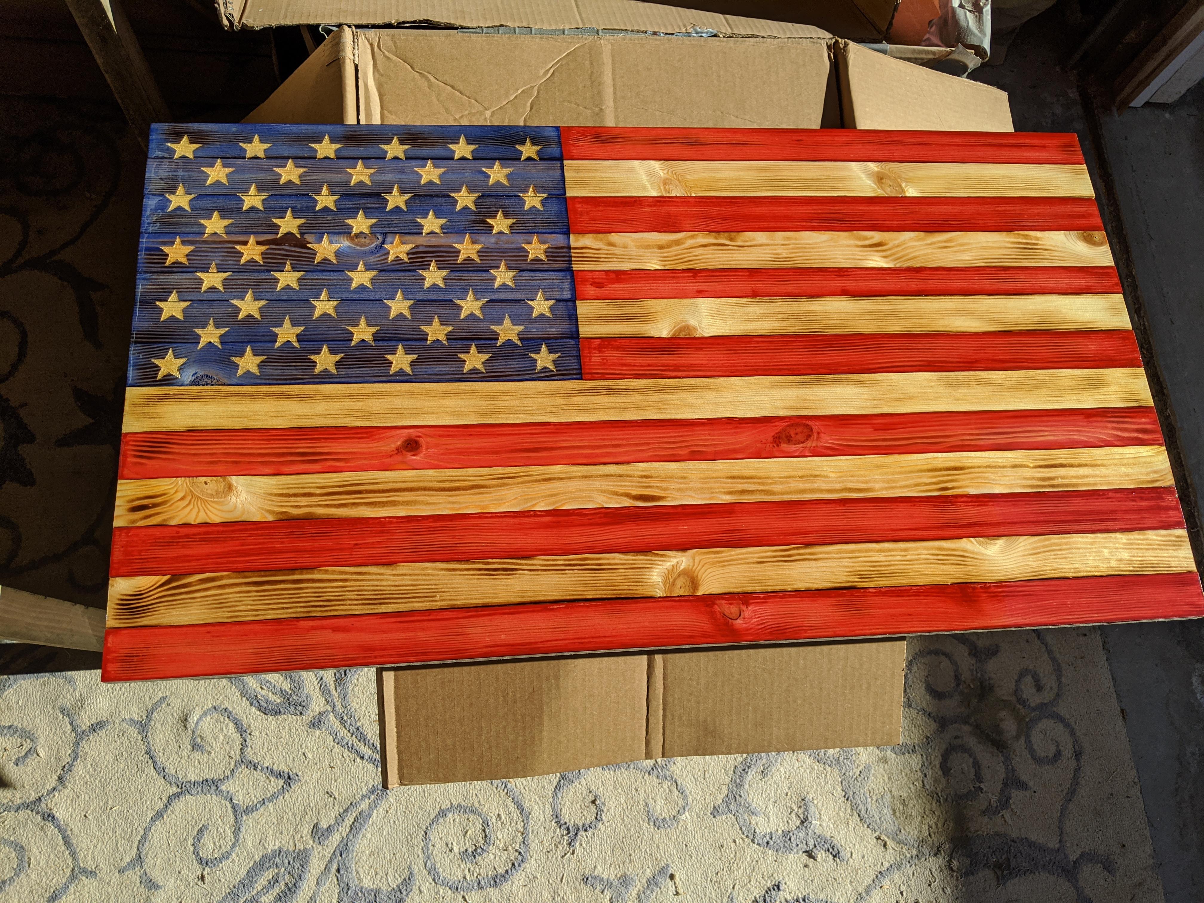 Wooden American flag with burnt wood. r/woodworking